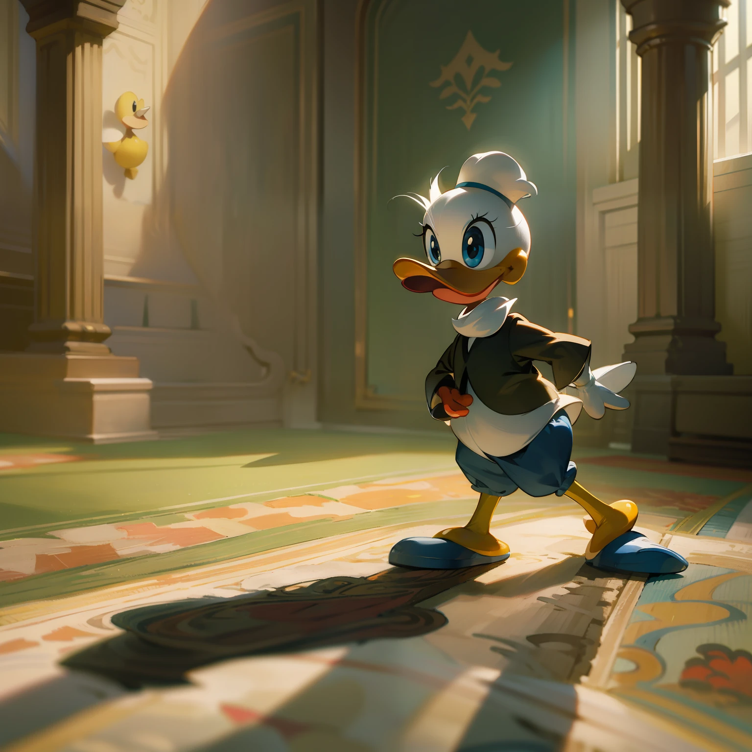 Donald Duck walks the carpet,Strong sense of light and shadow