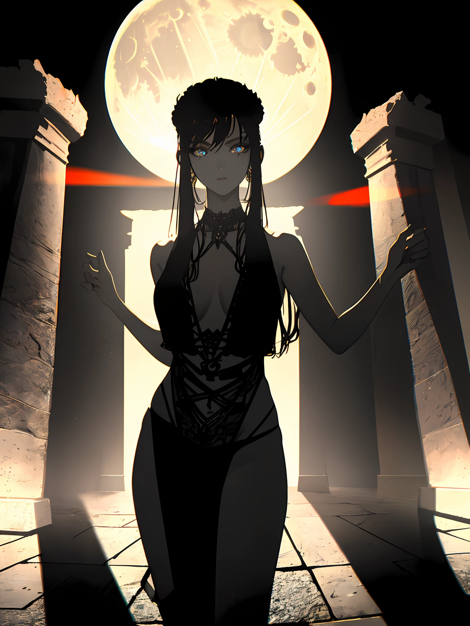 (masterpiece, best quality, ultra-detailed), (dark night), (mysterious Stonehenge), (full moon), 1girl, dancing, (exotic dancer),(skimpy), (colorful decorations), floating, (dynamic angle:1.2), (best illumination:1.1),(best shadow:1.1), white balance, (vignetted:0.9), (warm color grading:1.1), (very detailed face), (detailed beautiful eyes)