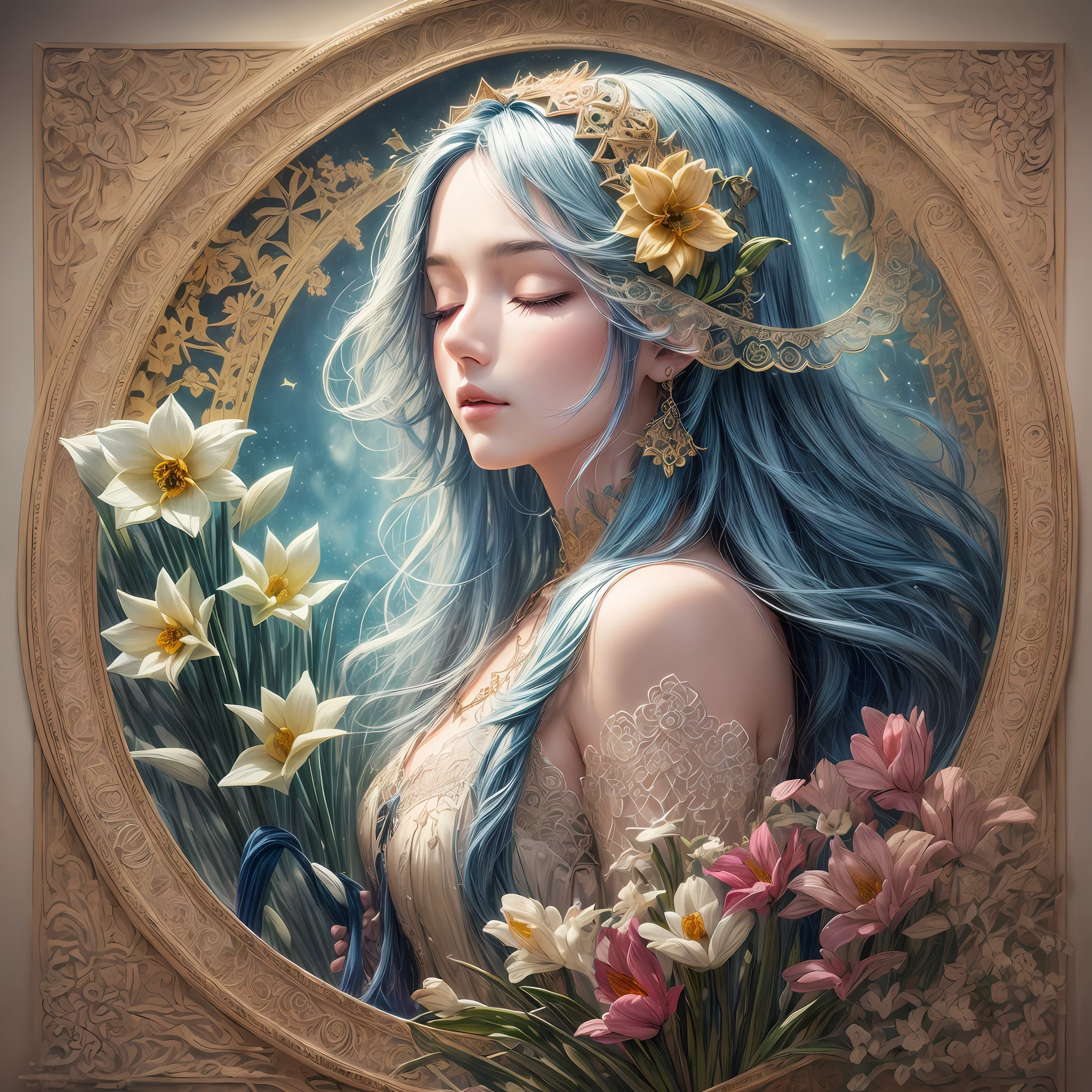 (Beauty side face,Long colored hair,closing her eyes,Masterpiece Narcissus),with rainbow colored background, (illustration:1.2,paper art:1.2, zentangle, a 3D render),(Best quality, Detailed details, Masterpiece, offcial art, movie light effect, 4K, Chiaroscuro)
