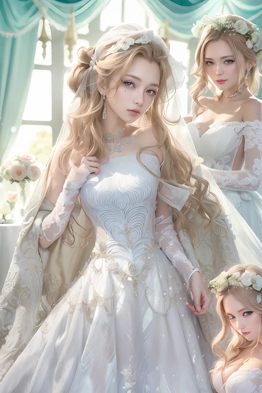 ((top-quality、​masterpiece:1.3))、((Russian beauties))、1 female、14years、large full breasts:1.3、Slender body type:1.5、Toned abs、Blonde semi-long hair、(weddingdress:1.5)、Super Detailed Face、Detailed lips、detailedeyes、二重まぶた、Balloons、Plump smile、blue-sky、​​clouds、Looking to the right、blue eyess、wide Shots、full body wide shot、Model pose posing with hands on buttocks、weddingdress、sailormoon