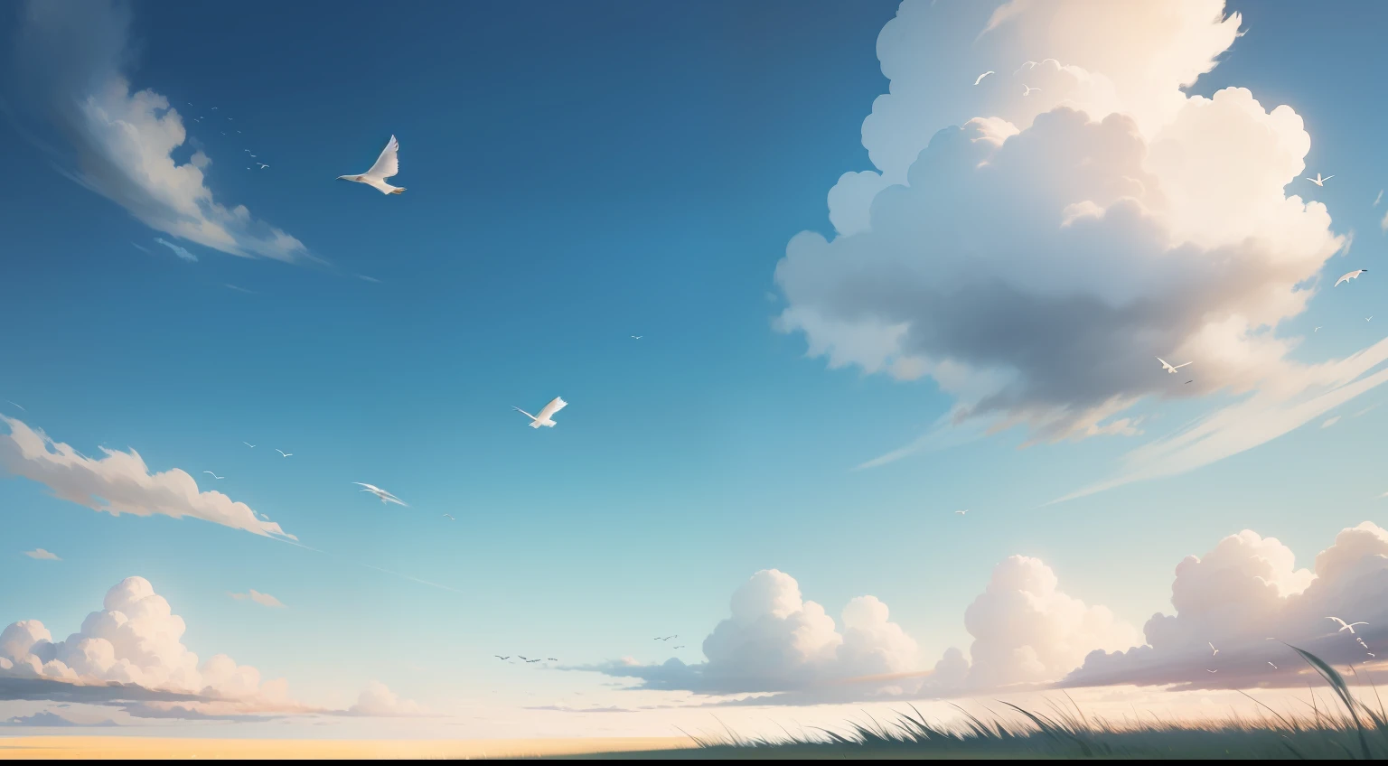with blue sky and white clouds,grassy fields,flying birds,Blur foreground grass,