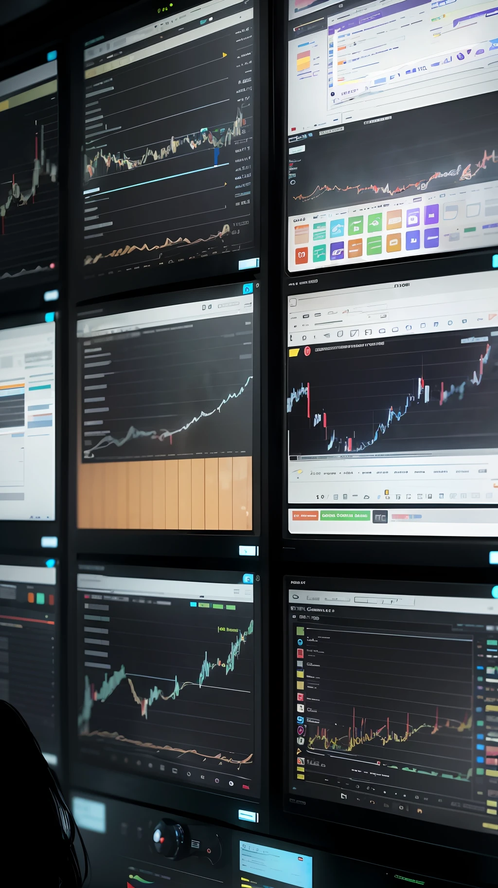The lens faces the monitor，The display displays the interface of financial transactions，Price charts，Authentic texture --auto