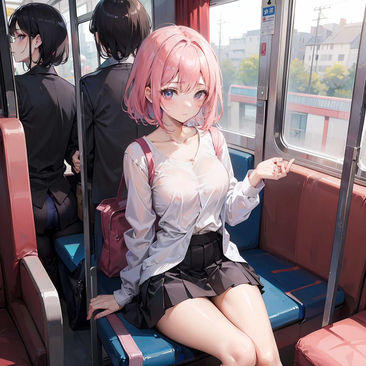 On the train、Panchira、a beauty girl、undergarment、wearing miniskirt、One lady、sitting on、pants visible、 On the train、Panchira、a beauty girl、undergarment、wearing miniskirt、sitting on、Panties look、Panchira Beautiful Girl、PINK Underwear