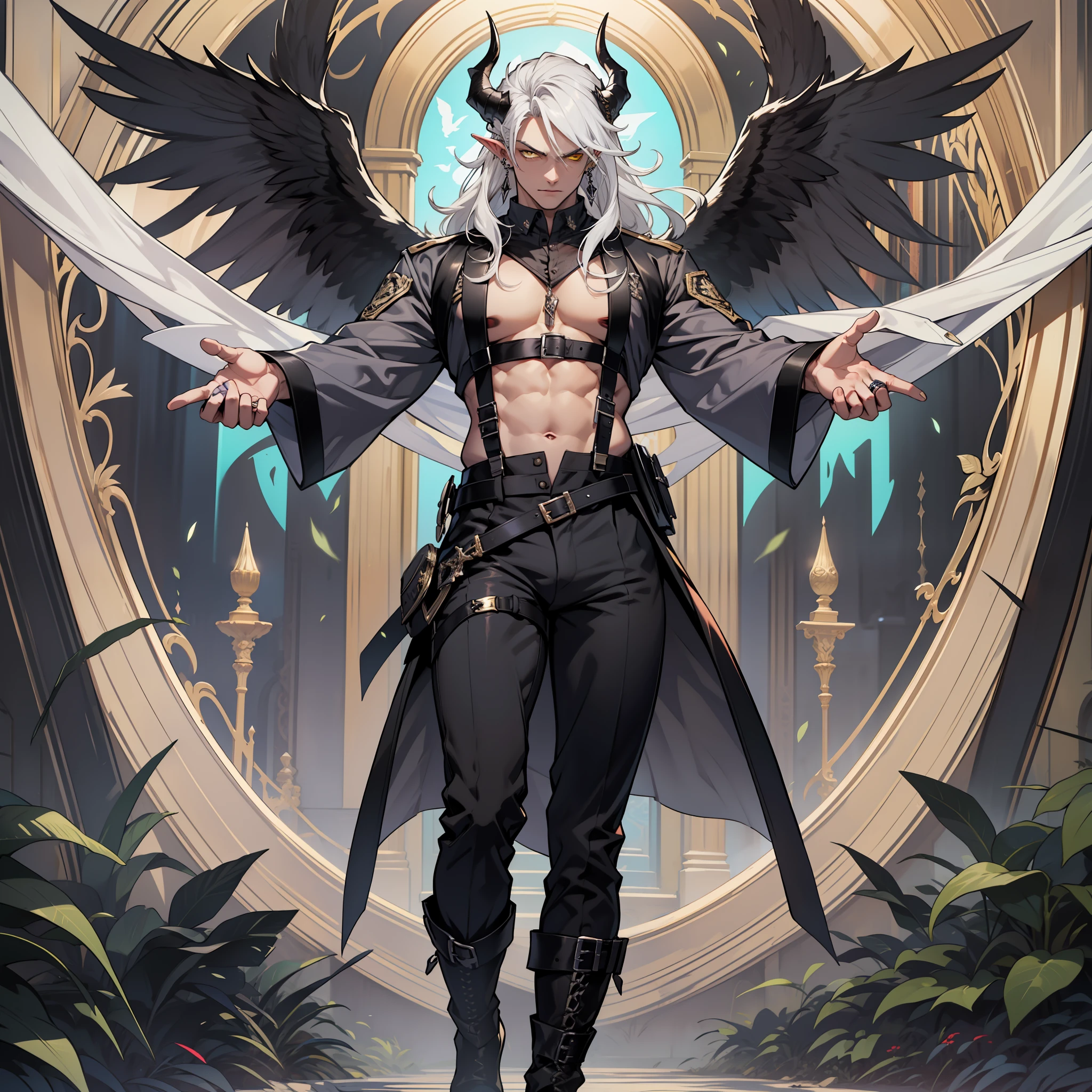 Handsome male, white hair, long hair, yellow eyes, horns, ear piercings, detailed body, detailed hands, grey button shirt, wearing chest harness, black pants, black boots, night fall, standing in palace, arrogant look, good looking, ring on finger, black wings, big bulge in plants, 4 arms, four arms
