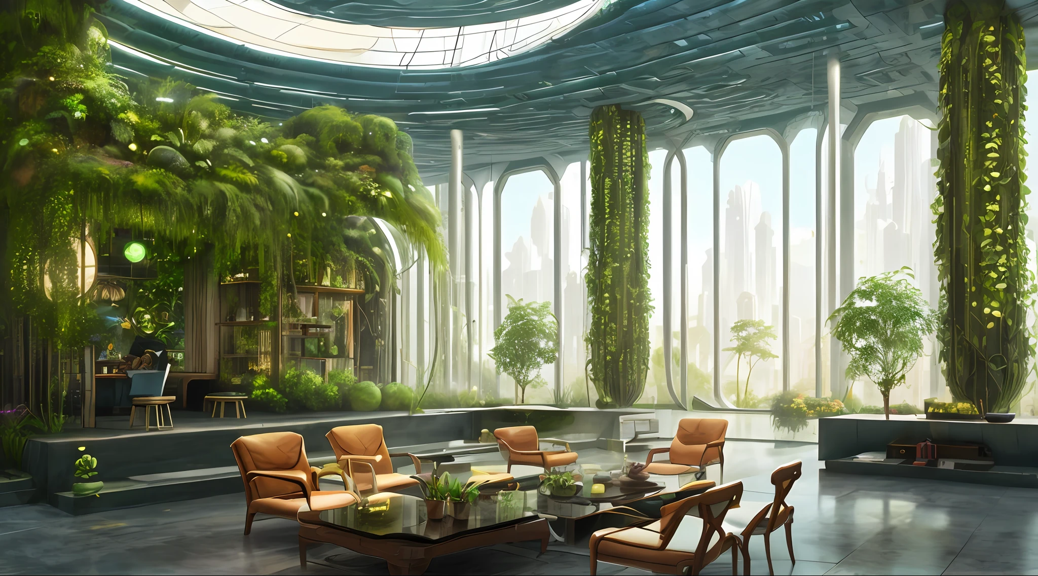 There is a room with many plants and a table, well-tended solarpunk vegetation, vincent callebaut composition, arte conceitual relaxante, Vicente Callebaut, in a futuristic desert palace, utopian jungle in space, utopia futurista solarpunk, Futuristic setting, paisagem futurista, futuristic palace, futuristic government chambers, arte de fundo interior, futuristic utopian fantasy