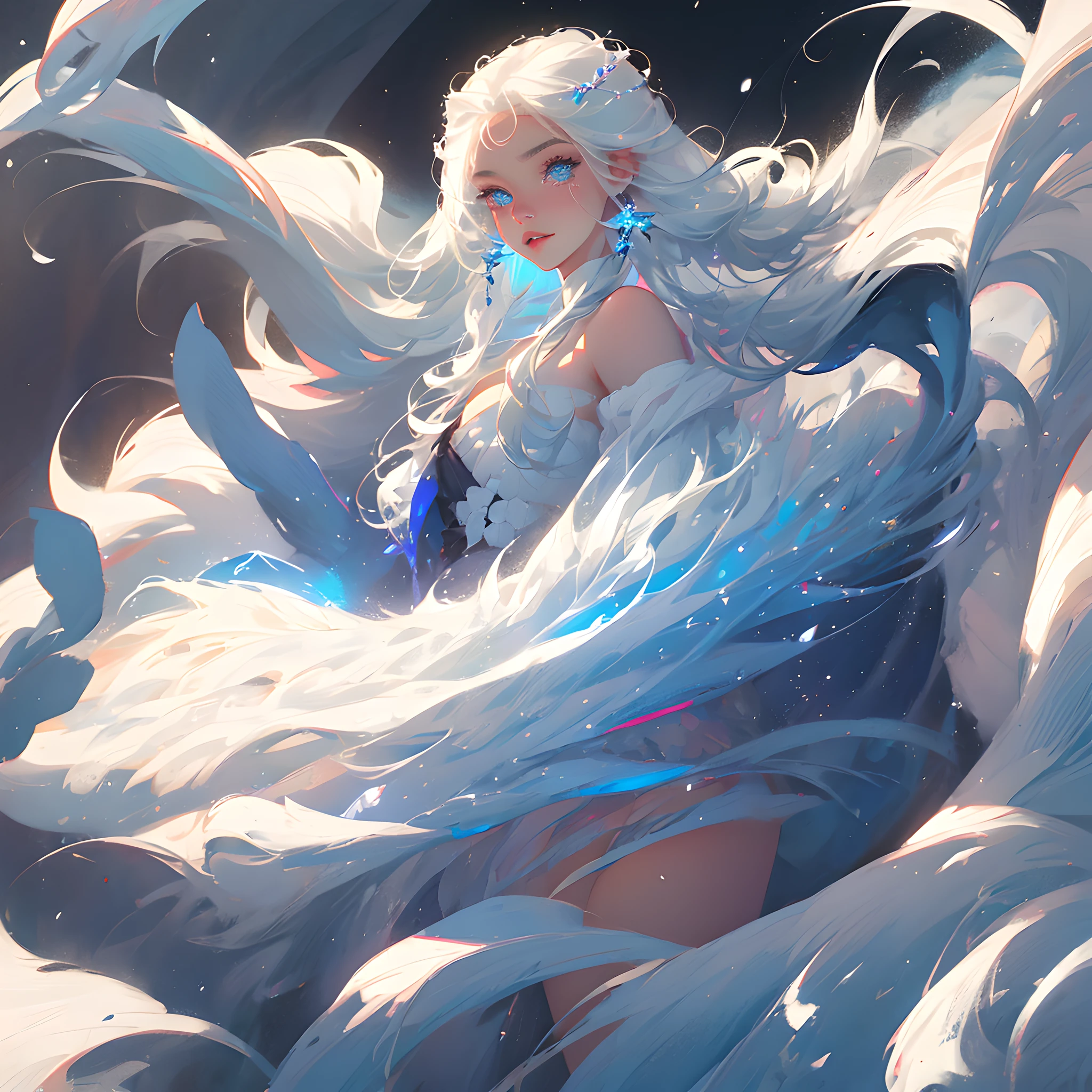 1 yukionna, blizzard blue eyes, glowing eyes, absurdly long hair, kimono, bare shoulders, hairpin, cold smile, snow field, snowstorm, whiteout, ice, wind, blizzard, diamond dust, ray ice, cowboy shot, from back, looking at viewer, (white theme:1.2), (intricate:1.1), illustration --auto