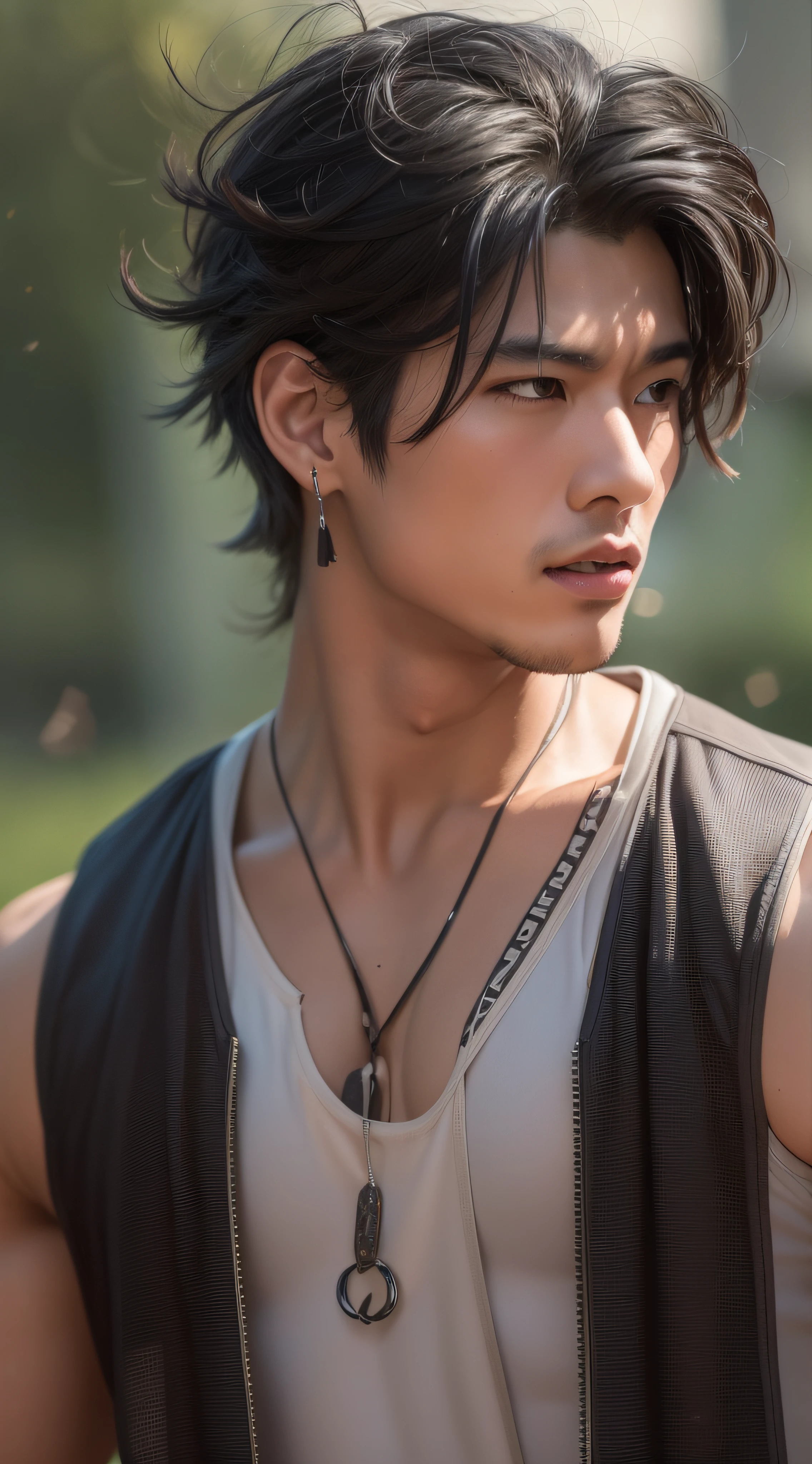 One China(male people), Short black hair, Brown eyes, musculous, Beautiful lines, Abs are pronounced, Transparent vest, T-back, Wear nipple rings, Sexy expression, from above, 135mm, Sony FE, En plein air, Verism, masterpiece, UHD, highres, 8k