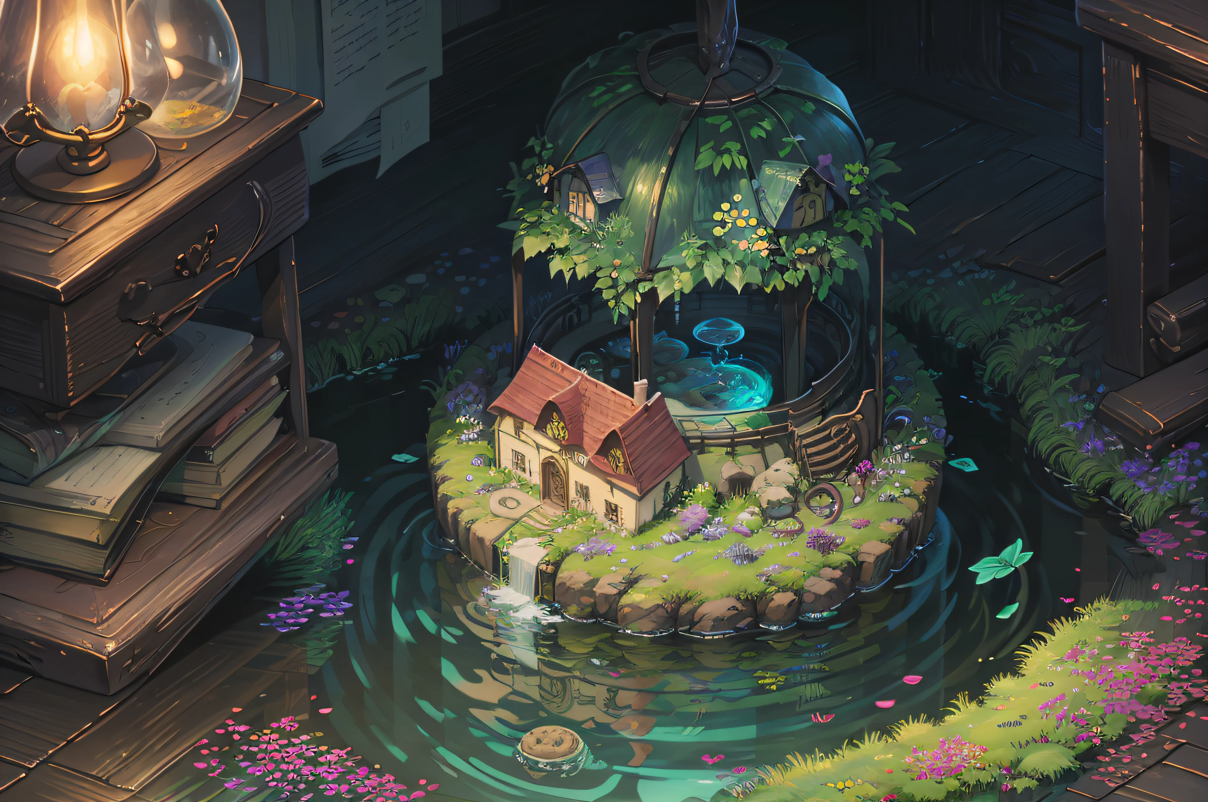 Mare's nest、lamplight、altar、jelly fish、Forever Night、Tidal floats、chai、dream-state、dreamland、ancient times、magia、ribbons、Streamers、Mysterious plants、Pools、Forbidden Land、vortex、ln the forest、vine、extreme hight detail、16k、ultraclear、tmasterpiece、high high quality、A high resolution --auto