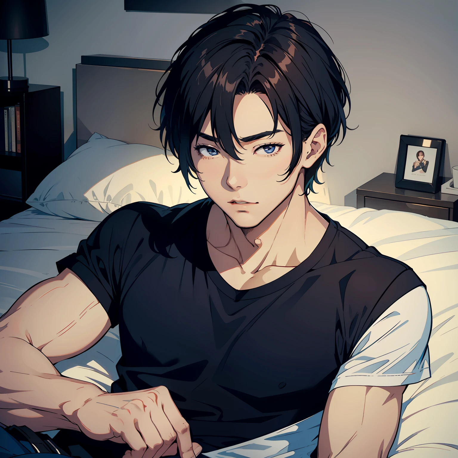 1 handsome guy,Slowly open your eyes,Lie down in bed