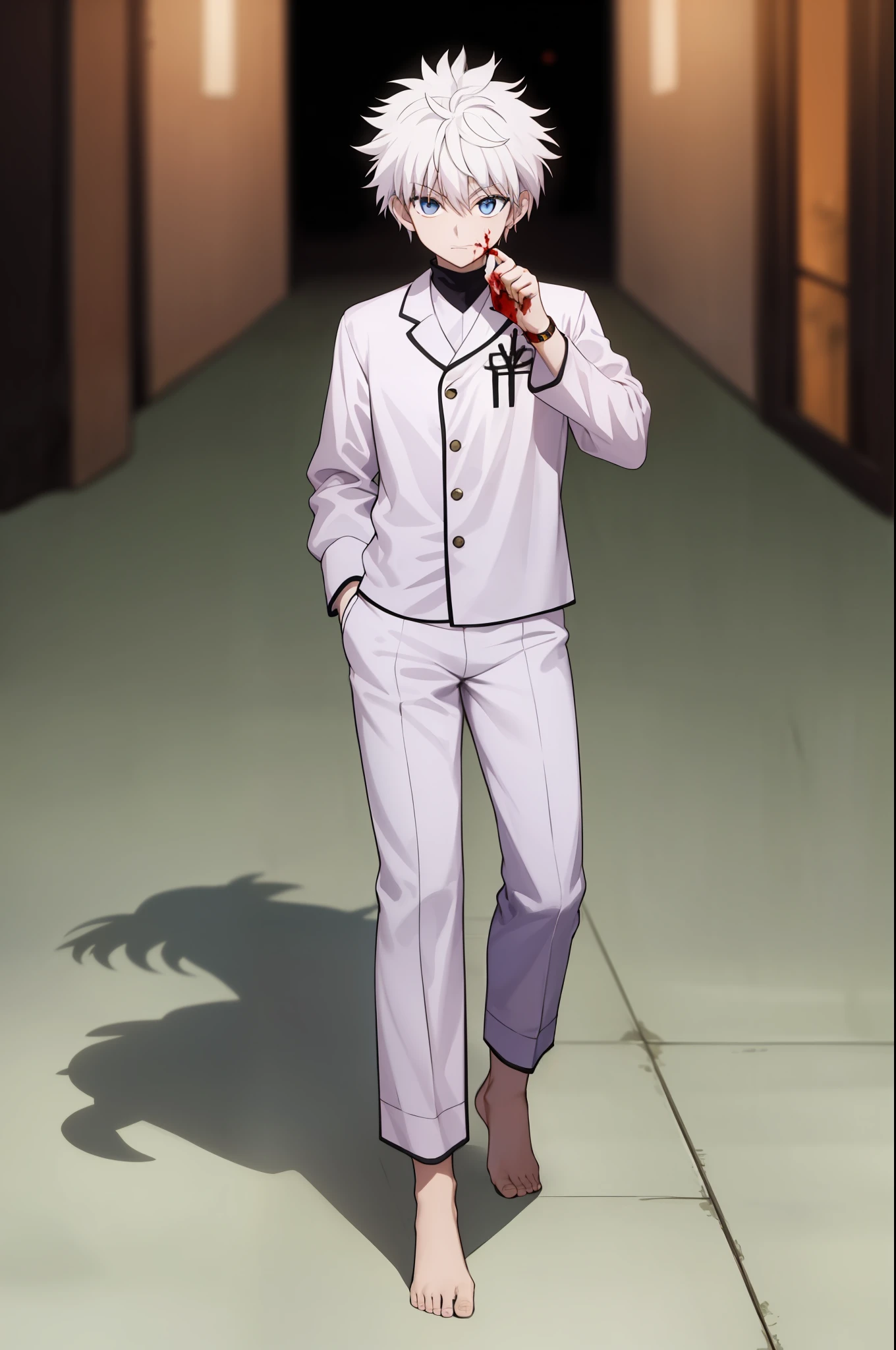 masterpiece, best quality, high quality, 1boy, solo, male focus, looking at viewer, full body, killua_zoldyck, background blood moon, wearing satin pajamas shorts, the material of satin pajamas is shiny, soft and smooth to the touch, no underwear,bulge,