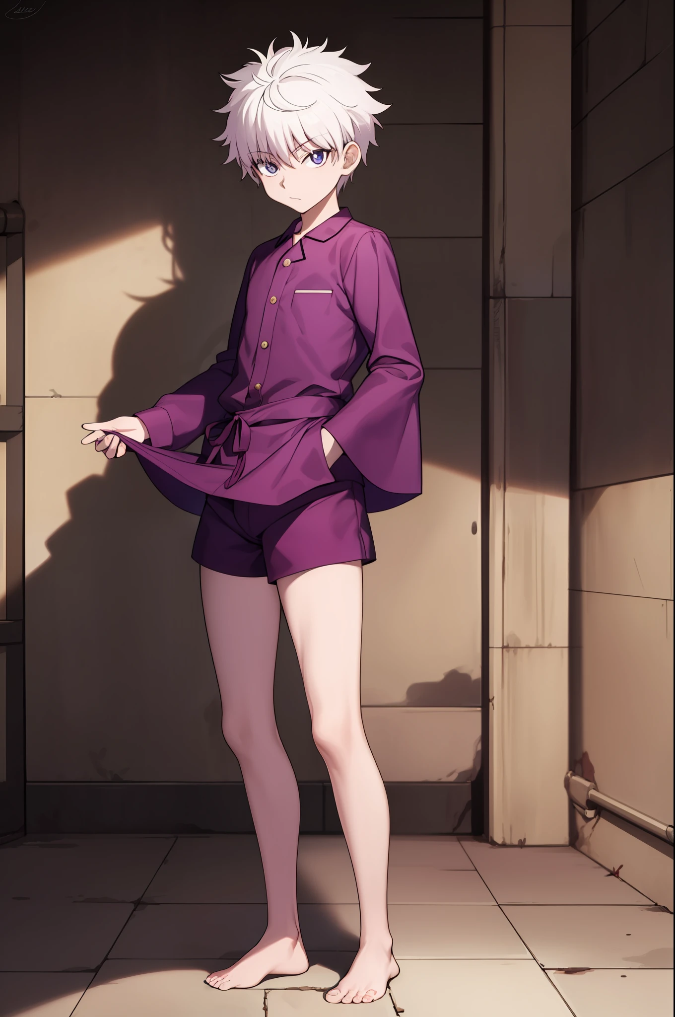 masterpiece, best quality, high quality, 1boy, solo, male focus, looking at viewer, full body, killua_zoldyck, background blood moon, wearing satin pajamas shorts, the material of satin pajamas is shiny, soft and smooth to the touch, no underwear,bulge,