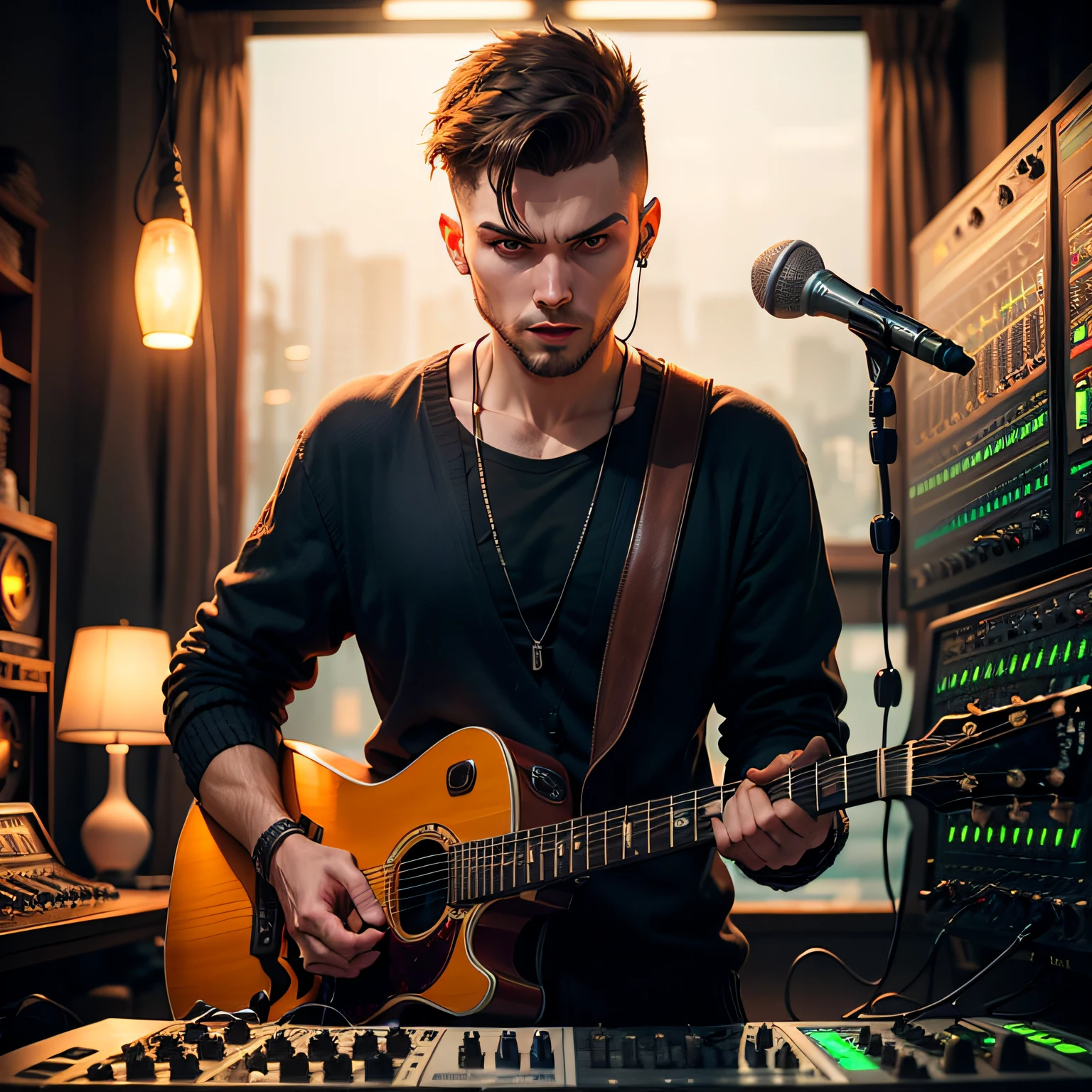 production songwriting, pushing sound, cinematic, epic, enthusiastic 19-year moderately sporty russian man in black cardigan with dark-brown hair short men's Undercut haircut in the dark orange recording studio with green lamps do sound mastering and sound production, oscillators, audio editing, rock music