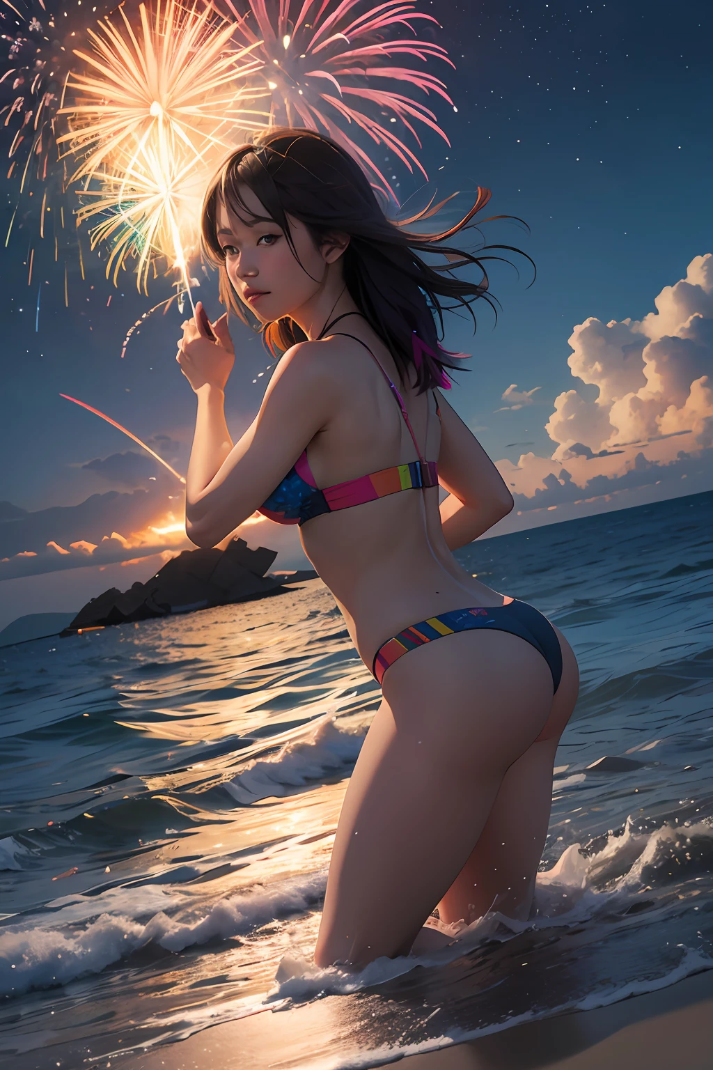 Rainbow fireworks in the sky over a tropical beach, a global photorealistic image illumination, extreme angle, Canon 7D, 300mm, F/5. 6 --ar 16:9 --s 1000 --v 5. 2