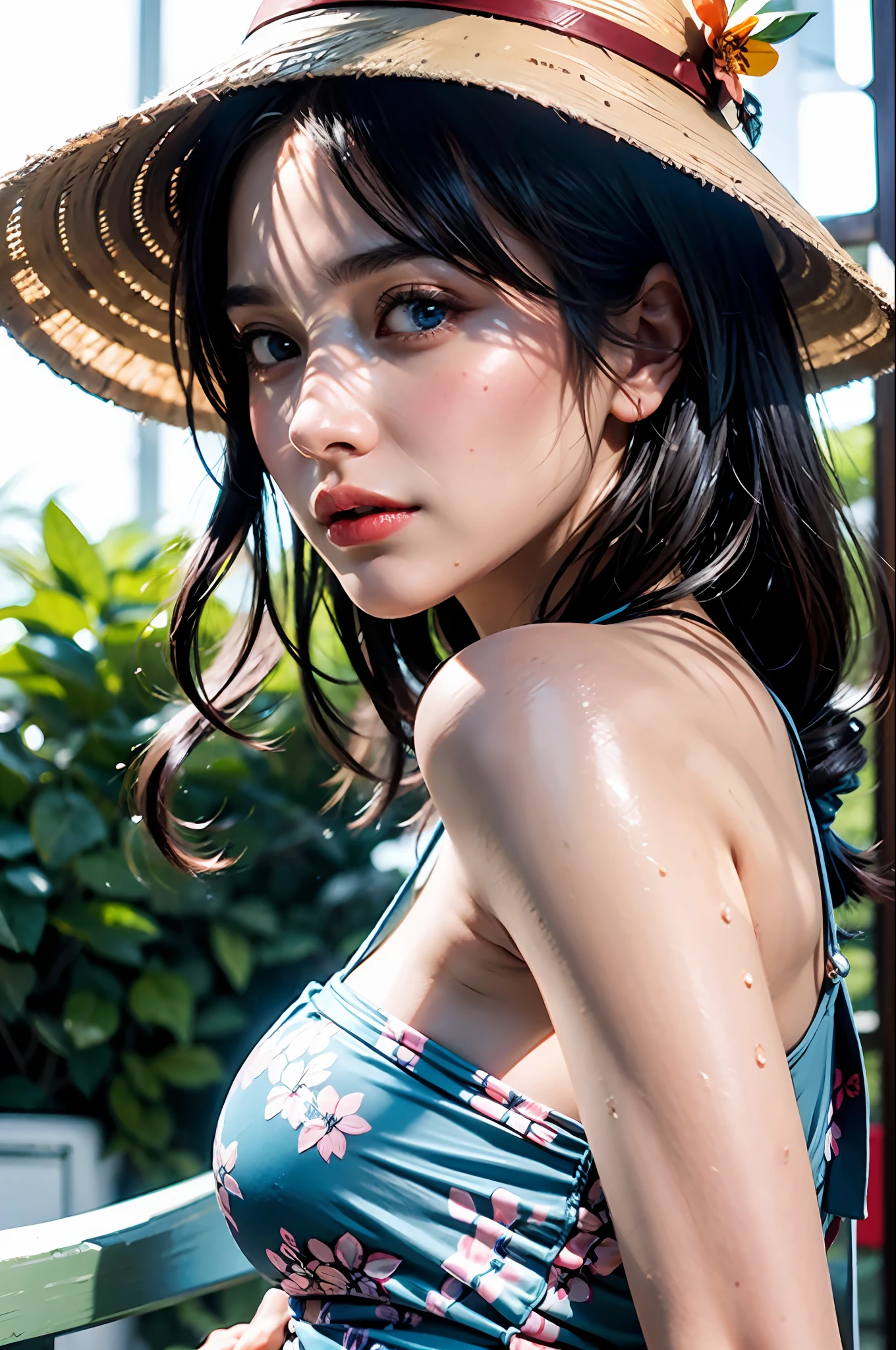 (extreme close up:1.5), (face focus:2),(Style of ???? ???:1.5),
((side face:2)),(1girl surrounded by soft_light:1.5), (backlighting:1.8), (lighting),(flowing fabric:1.3), ((Floral_summer_dress:1.5),(Straw_hat:1.3)),
(masterpiece), realistic, HDR, highly detailed, 8k, raw photo, natural, MILF, huge breasts, wet, {high resolution illustration:3.5}, {extremely fine and beautiful}, {Mature Milf face}, detailed long hair, detailed blonde hair, {{detailed light blue eye}}, long black detailed hair, {french braid}, cleavage, {soft smile}, {{red dress}}, shiny body, {thick thighs}, {{sharp focus}}, smooth render, {{Manhwa coloring}}, perfect shading, perfect anatomy, {{highly detailed face}}, beautiful face,  lips, {city lights}, {{pixiv style:2.0}}, finely detail, super delicate, complex details, shading eyes, nose shade, extremely detailed, ultra resolution, 8k, {{unreal engine 5}}, hyperrealistic, hyper realism, {{highly detailed face}}, {{beautiful face}}, looking at viewer, tight red seath dress, inner boob