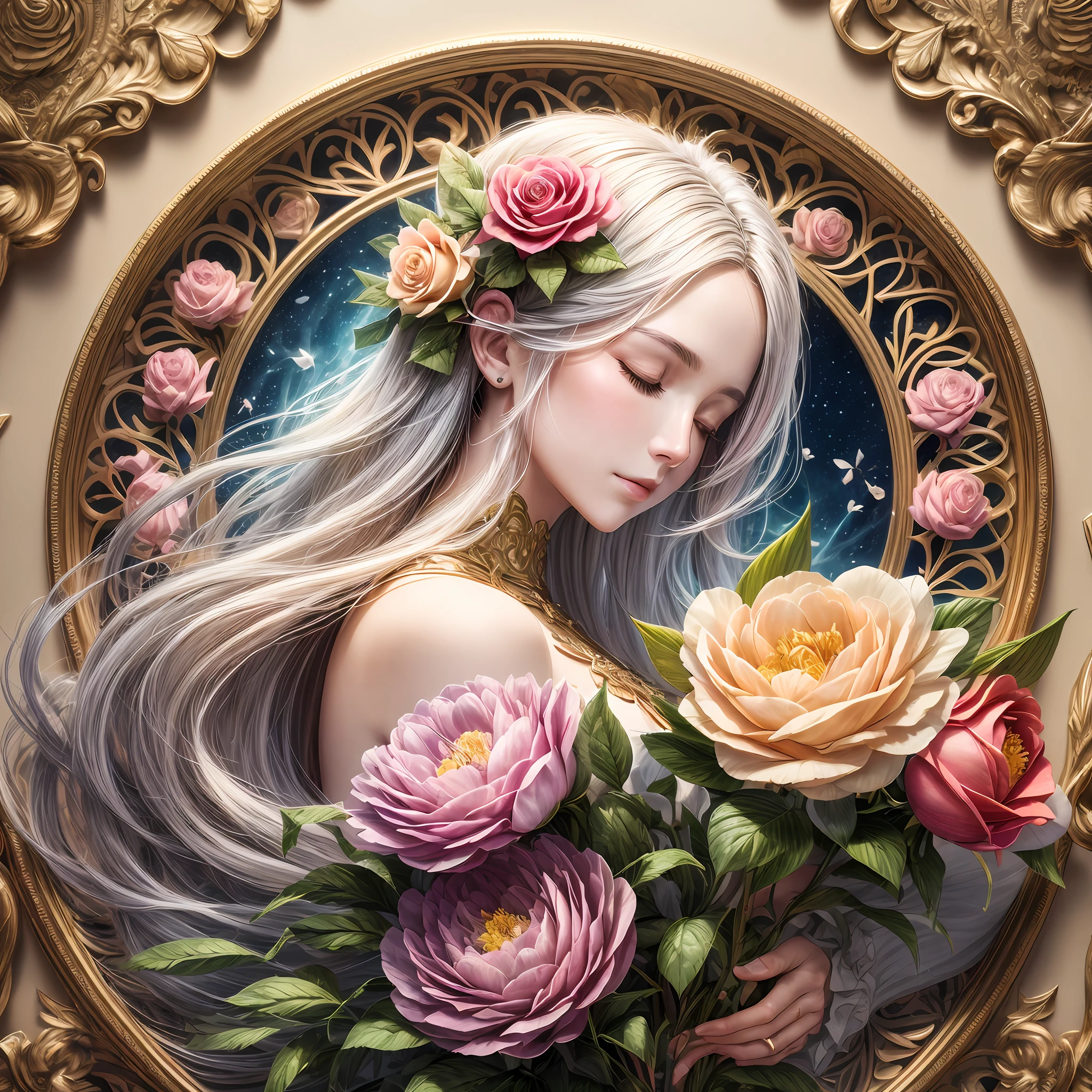 (Beauty side face,Long colored hair,closing her eyes,Masterpiece Narcissus),with rainbow colored background, (illustration:1.2,paper art:1.2, zentangle, a 3D render),(Best quality, Detailed details, Masterpiece, offcial art, movie light effect, 4K, Chiaroscuro),Hologram:1.5,Gold engraving:1.5,winter,Rose roses,Peach blossoms,Peonies,Tulip tuli,
