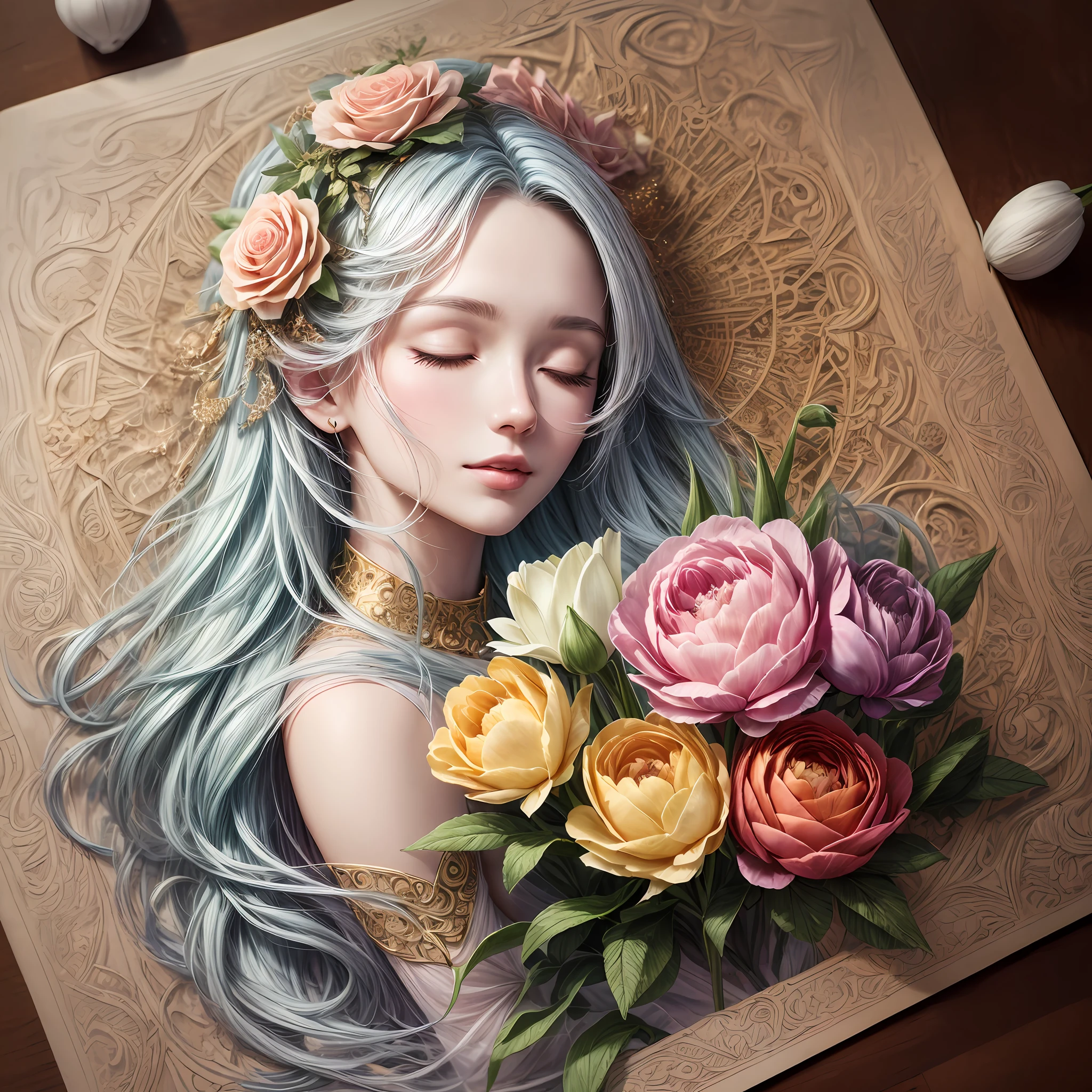 (Beauty side face,Long colored hair,closing her eyes,Masterpiece Narcissus),with rainbow colored background, (illustration:1.2,paper art:1.2, zentangle, a 3D render),(Best quality, Detailed details, Masterpiece, offcial art, movie light effect, 4K, Chiaroscuro),Hologram:1.5,Gold engraving:1.5,winter,Rose roses,Peach blossoms,Peonies,Tulip tuli,