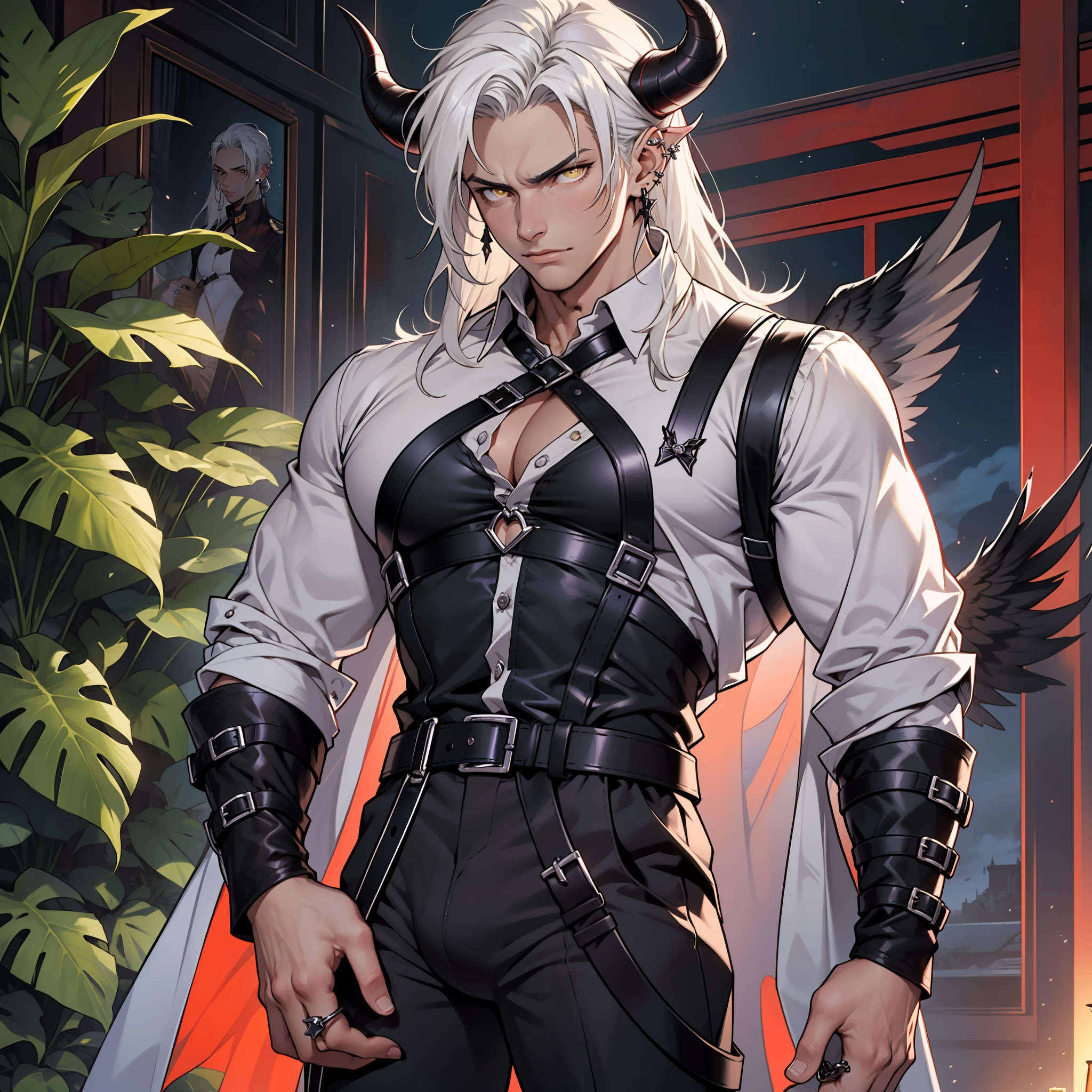 Handsome male, white hair, long hair, yellow eyes, horns, ear piercings, detailed body, detailed hands, grey button shirt, wearing chest harness, black pants, black boots, night fall, standing in palace, arrogant look, good looking, ring on finger, black wings, big bulge in plants