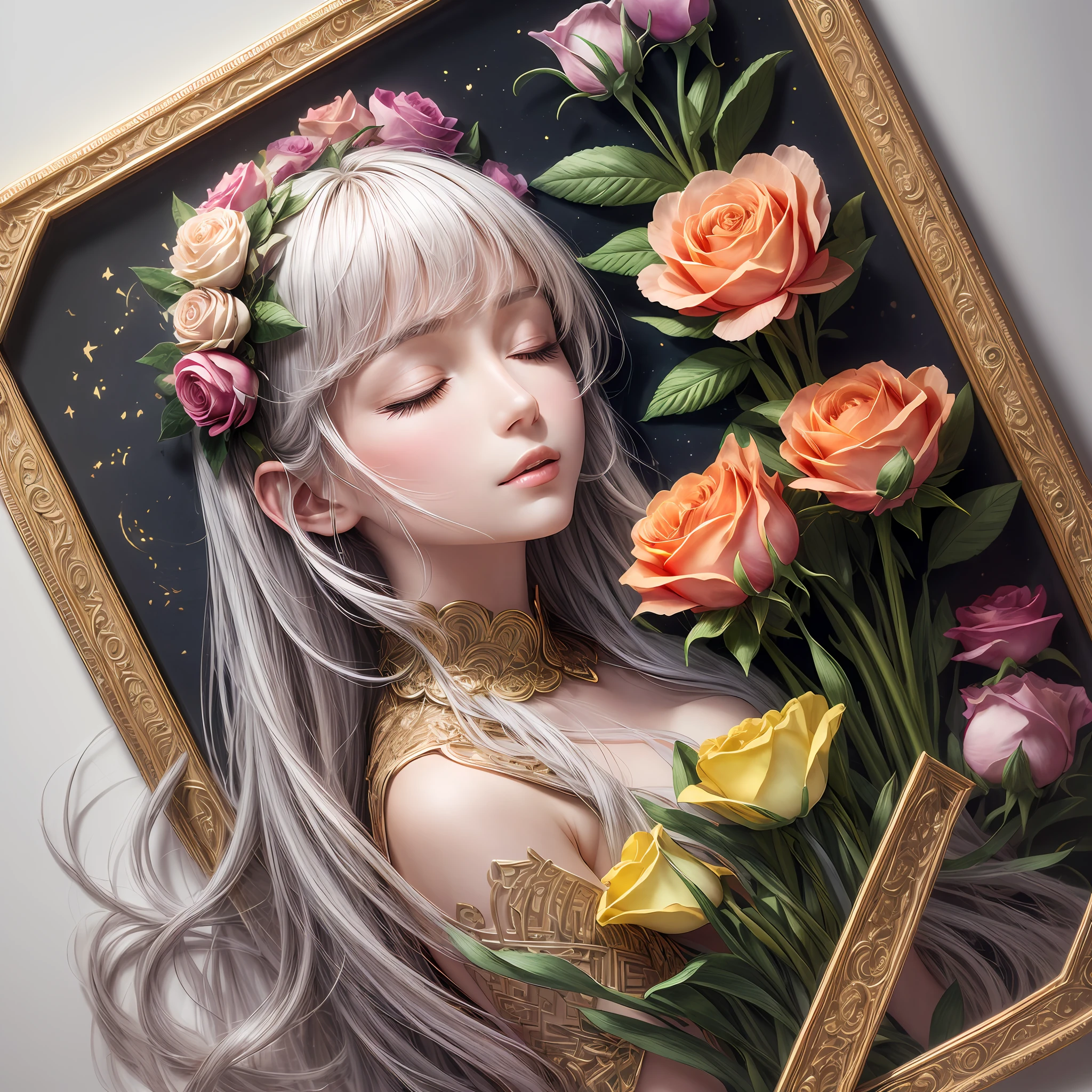 (Beauty side face,Long colored hair,closing her eyes,Masterpiece Narcissus),with rainbow colored background, (illustration:1.2,paper art:1.2, zentangle, a 3D render),(Best quality, Detailed details, Masterpiece, offcial art, movie light effect, 4K, Chiaroscuro),Hologram:1.5,Gold engraving:1.5,winter,Rose roses,Peach blossoms,Peonies,Tulip tuli,