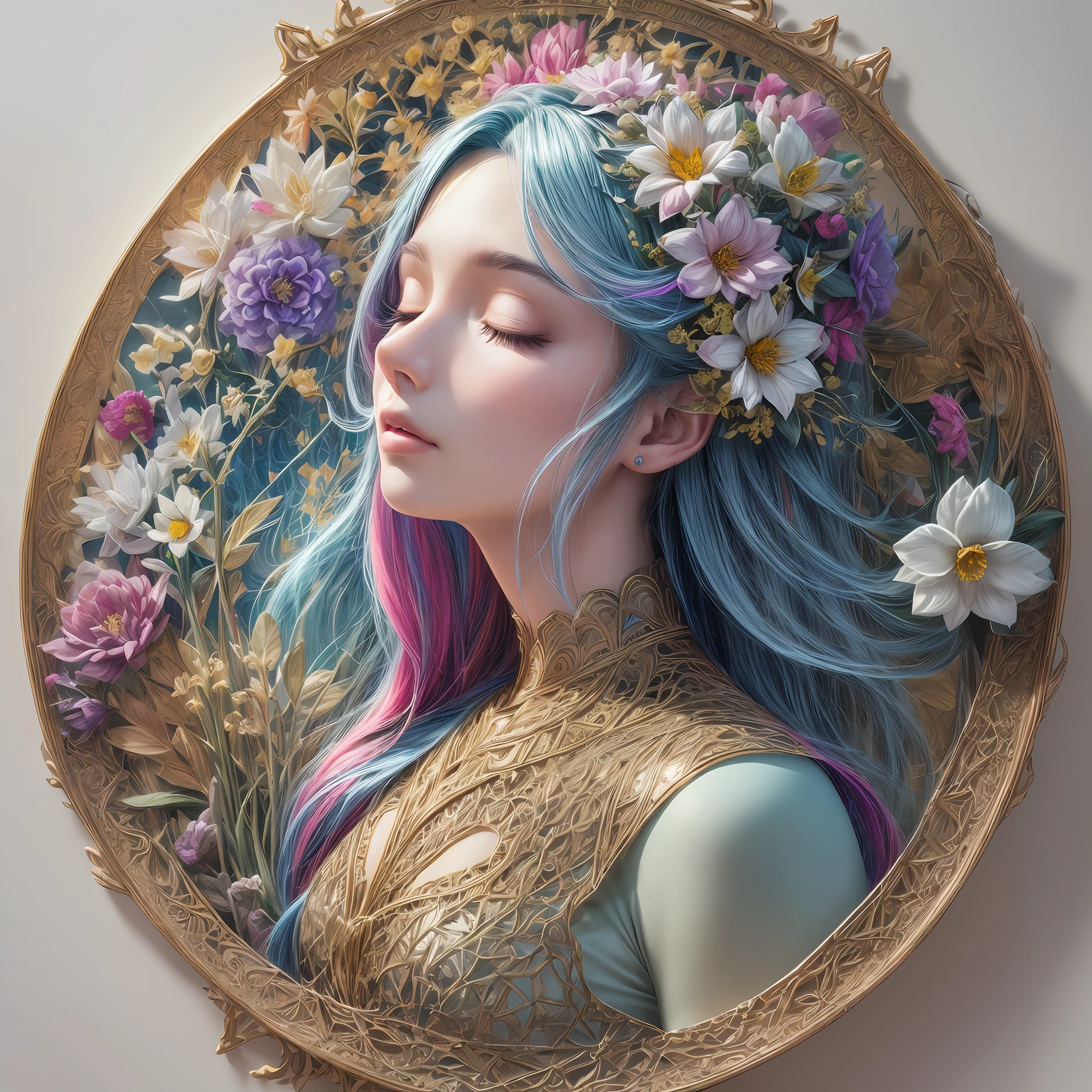(Beauty side face,Long colored hair,closing her eyes,Masterpiece Narcissus),with rainbow colored background, (illustration:1.2,paper art:1.2, zentangle, a 3D render),(Best quality, Detailed details, Masterpiece, offcial art, movie light effect, 4K, Chiaroscuro)