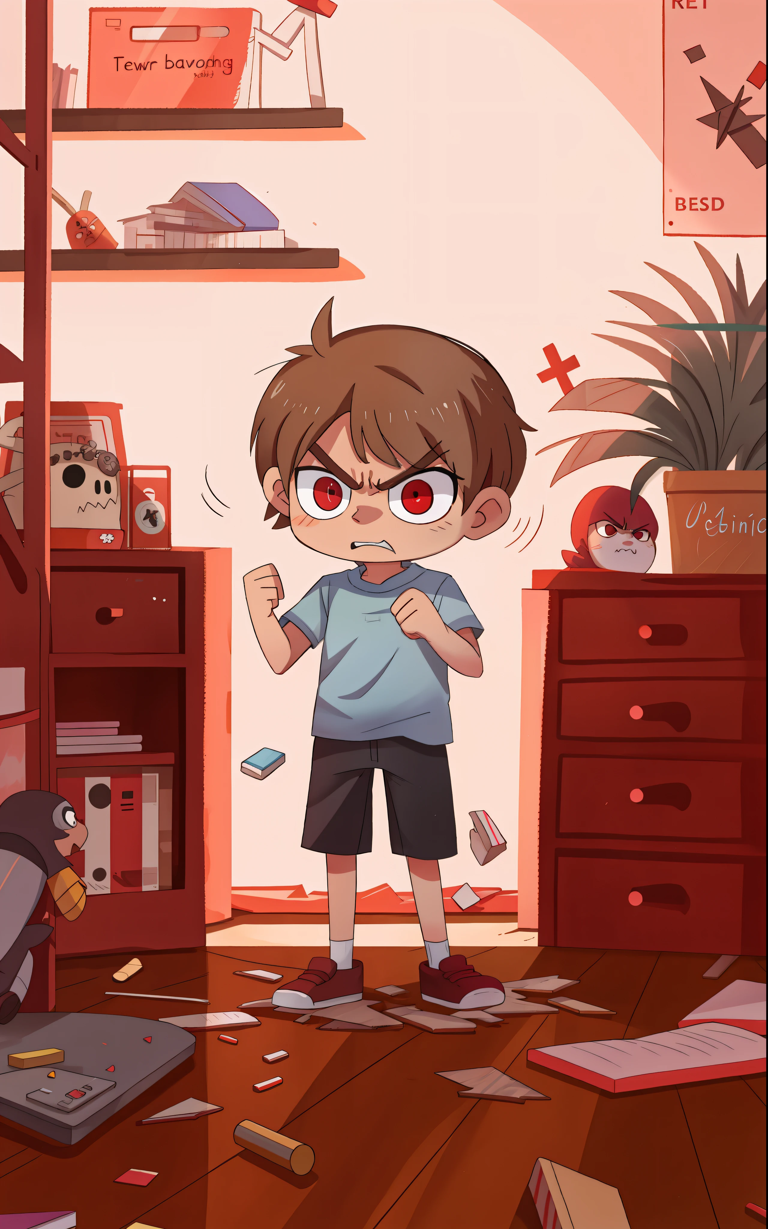 Angry boy throws things in the red room,(Expression of anger),Destroyed rooms,Broken everywhere,tmasterpiece,4K,Ultra high quality