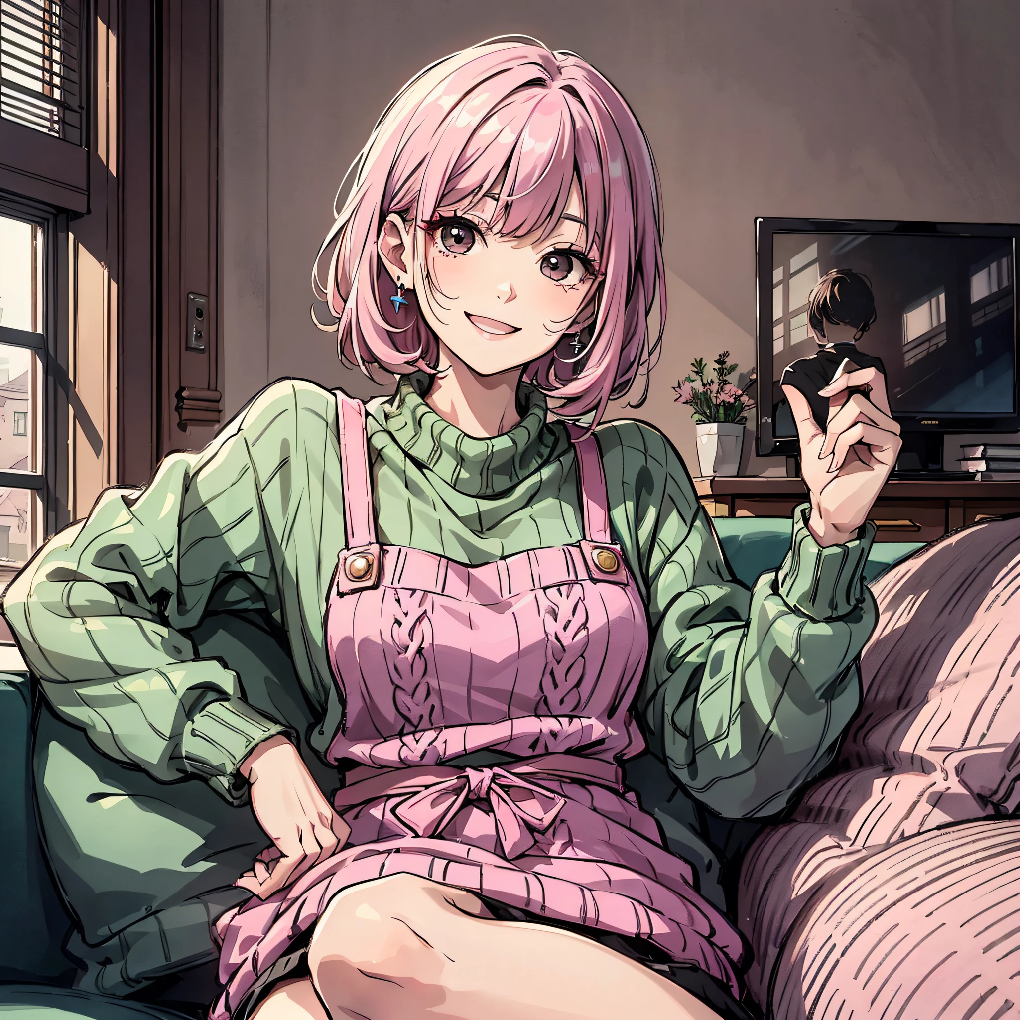Ridiculous resolution，A high resolution，（tmasterpiece：1.4），Hyper-detailing，pink short hair, 1 middle-aged woman,, Solo, Black eyes,, house wife，aprons, sobu，Sit on the sofa，Knitting sweaters（1.1），Watch TV，Happy expression