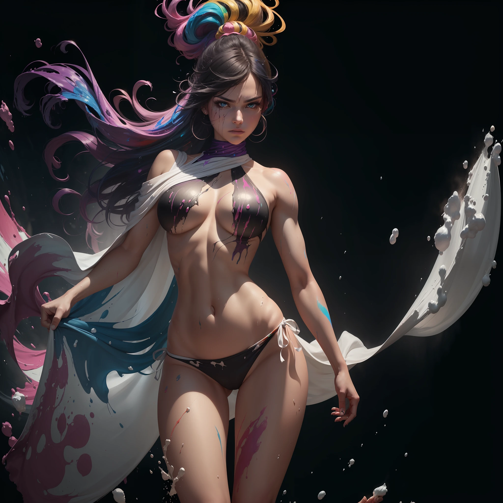 (masterpiece, high detail, high resolution, gentle art style), ((a warrior woman looking at the viewer)), visible muscles, colourful thick paint bursting from her in all directions, colourful paint raining, (thick rainbow paint hair: 1.8), sensual painting, paint raining on her, ((small breasts: 1.9)), ((strong body)), full body view, ((no floor, black background, no background))), breasts covered with paint, sfw, (stern facial expression), relaxed, ((clothes made of paint, no clothes)), detailed, (volumetric paint explosions, vibrant colours, level difference detail), flowy paint fabric falling behind the character, soft silky cloth wrapped around white bikini bottom billowing on the wind, one hand holding the cloth, ((battle scars on the body: 1.4)), underboob,