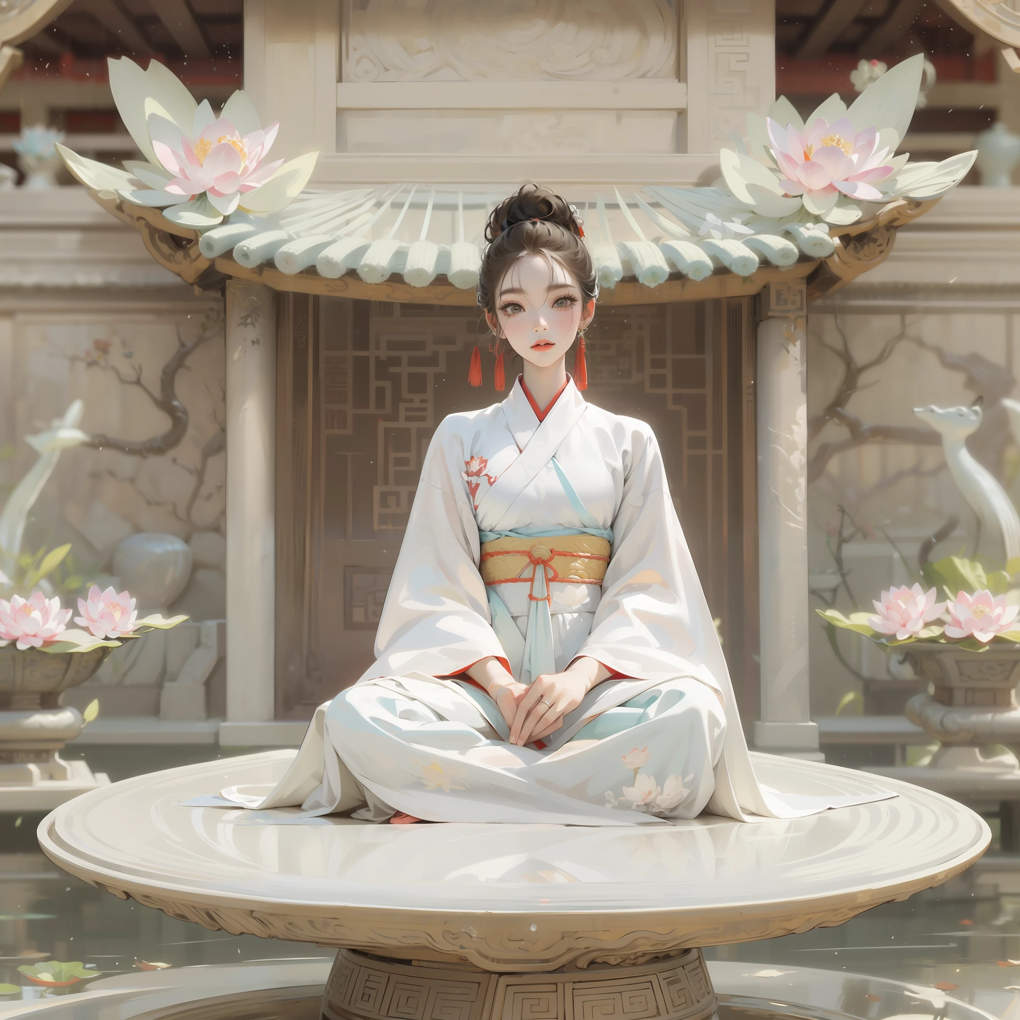 Yoga lotus pose, close - up, a Chinese lady in white minimal hanfu sit on a big lotus flower, in the style of influenced by ancient chinese art, white, graceful balance,Photorealistic,Oriental minimalist style,ivory,zen-inspired,Light hanbok,Light white and light beige,Cinematic elegance,Neoclassical symmetry,carefully designed,Solid light background,Zen space
