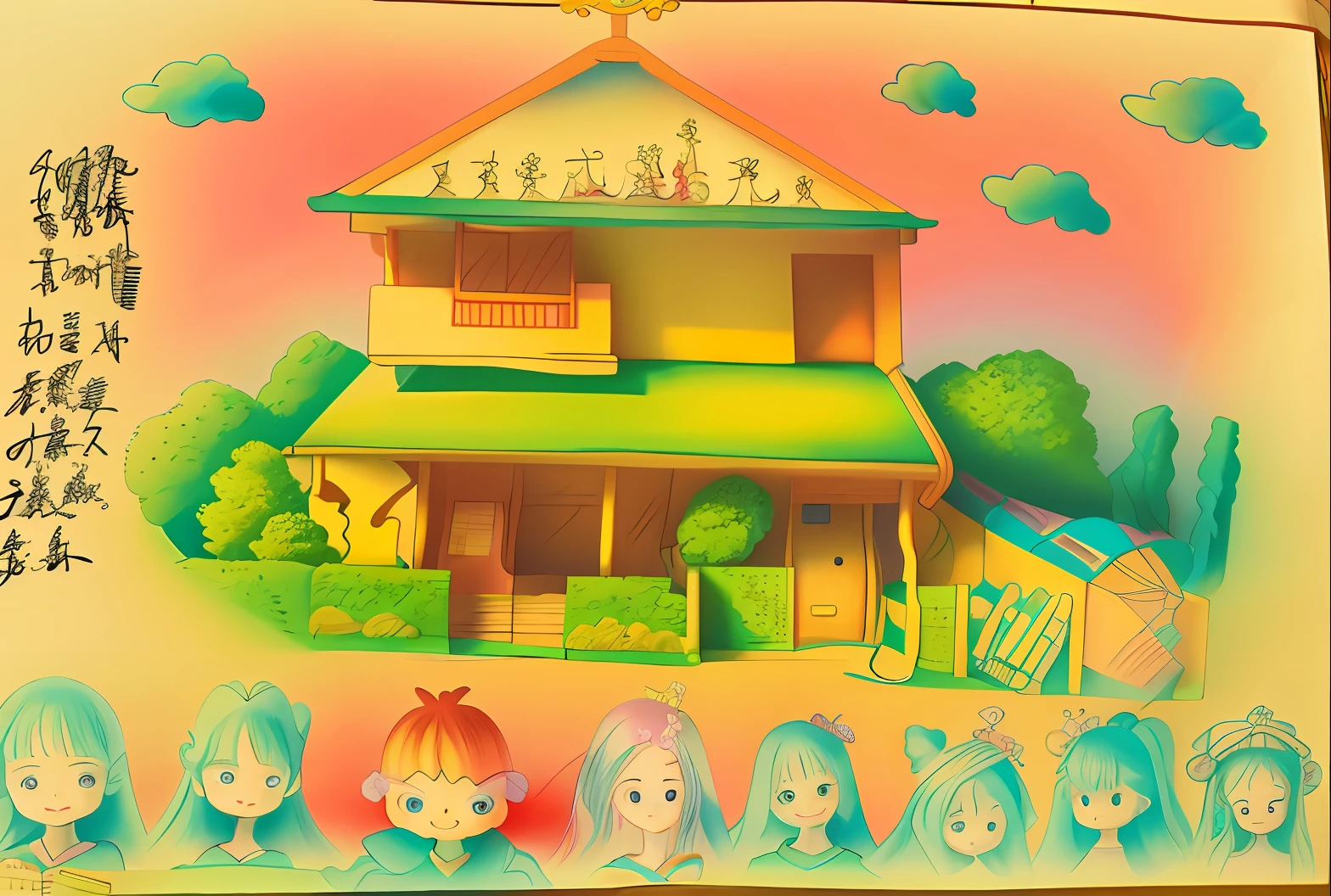 There were a lot of children standing in front of the house，Holding a sign, Stylized digital illustration, Japanese cartoon style, colorful kids book illustration, in a candy land style house, inspired by Narashige Koide, inspired by Matsumura Goshun, colorful illustrations, in ryuuou no oshigoto art style, Japanese animation style, dreamy psychedelic anime