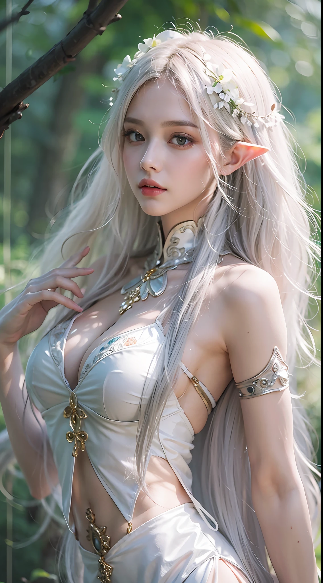 Elf Princess,ln the forest,Platinum hair accessories,(Photorealistic:1.4), (Masterpiece, side-lighting, fine detailed beautiful eyes: 1.2), Masterpiece*Portrait, Realistic, The face is delicate, Glowing eyes, Shiny hair, Glossy glossy skin, Solo, embarressed, (midriff),(super-fine),Detailed pubic hair,Accurate,(Works of masters),(best qualtiy),8K分辨率,A half body,dynamic viewing angle,