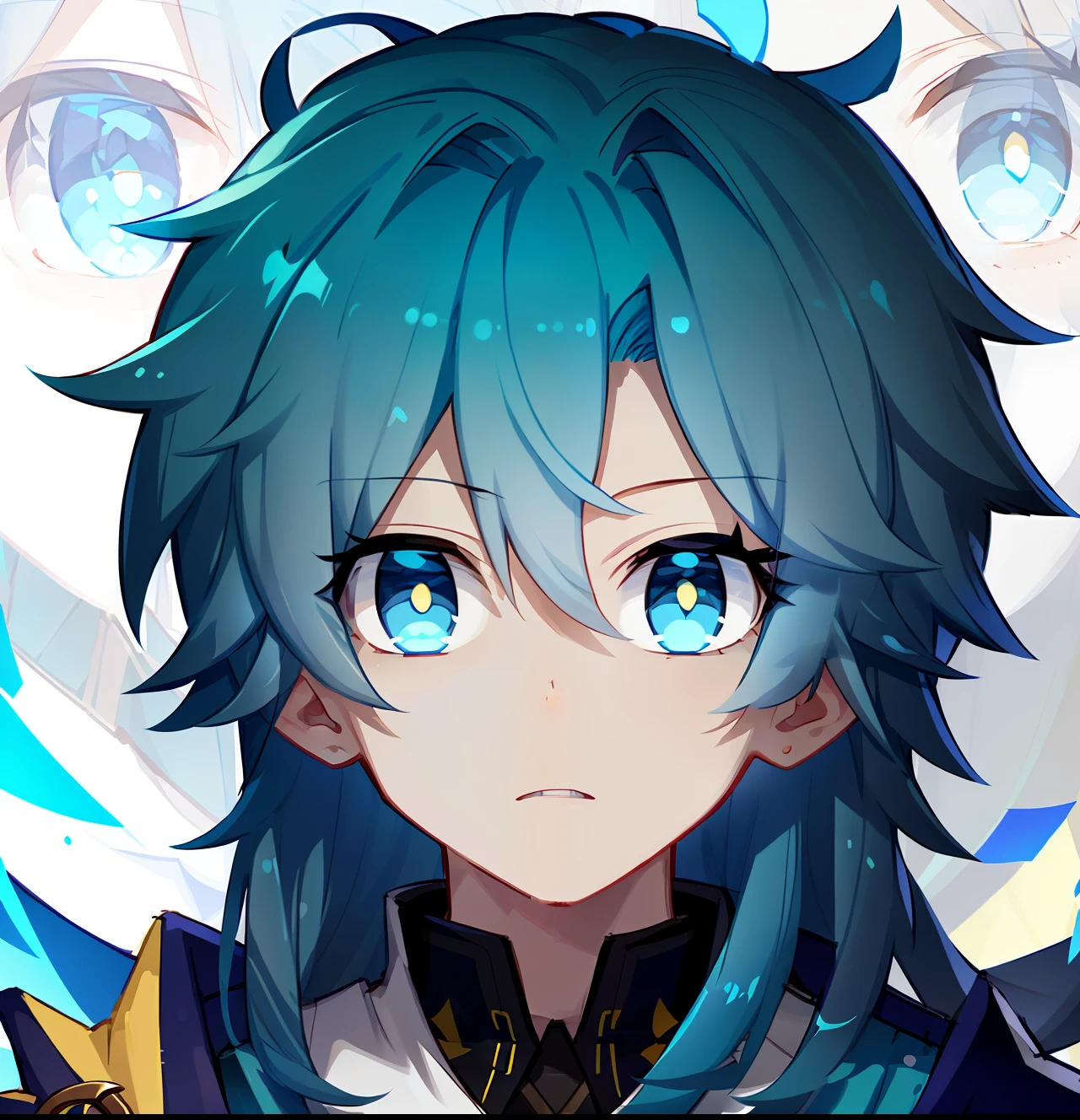 blue hairs,Boy with yellow eyes,The expression is serious