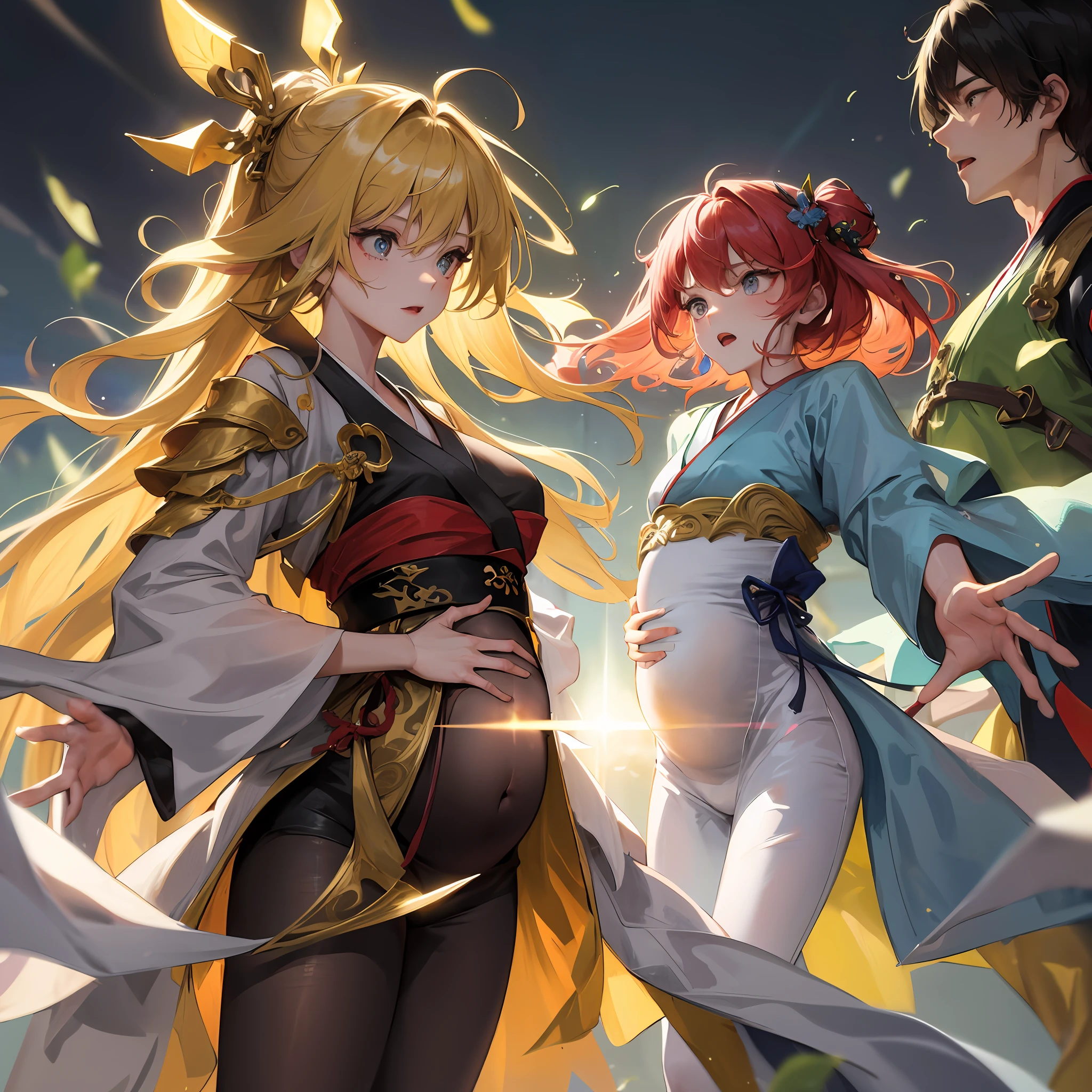 tmasterpiece,best qualtiy,Two men and two women, One of the women was pregnant with a side light,lens flare glow,Ray traching,Sharp focus,Wearing Hanfu,