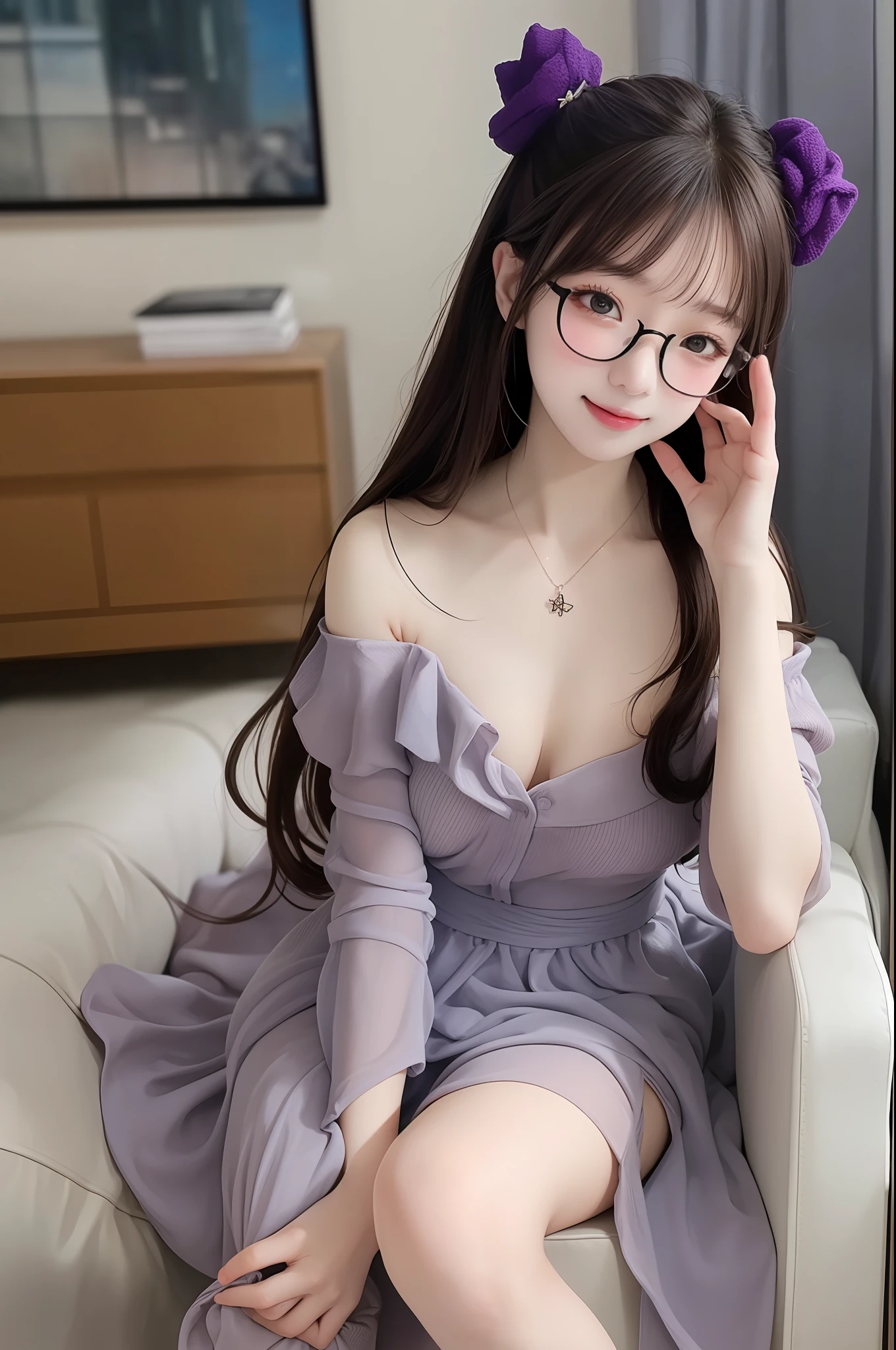 ((22 year old girl wearing a nightdress)), (Kpop idol), sit on chair, dynamicposes, paleskin, (((Natural breasts,))), wears glasses,pendant,(aegyo sal:1.1), (a narrow waist), The long((Low double tail)), purpleish color, (puffy eye)), looks away, ssmile, Raised sexy, Air bangs, inside in room, public, (Bokeh), ultra - detailed, best qualtiy, 超高分辨率, (NSFW:1.1),