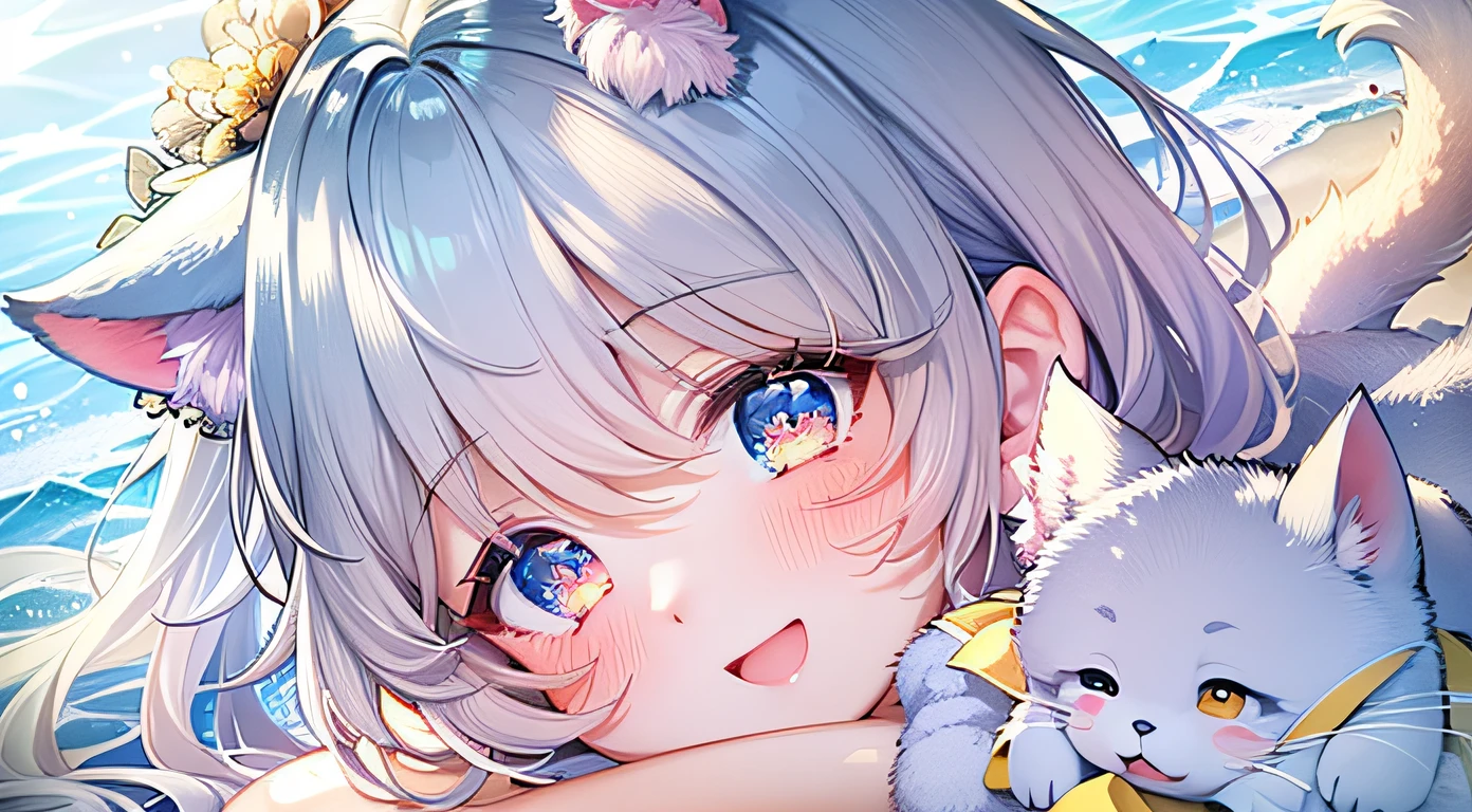 ((4k,masterpiece,best quality)),an extremely cute and beautiful girl with cat ears,beautiful light blue short hair,bangs pinned back,ahoge,colored inner hair,highly detailed beautiful face and yellow eyes,cute,blush,swim suit,beach,super fine illustration,shiney sun lighting,sky blue tone
