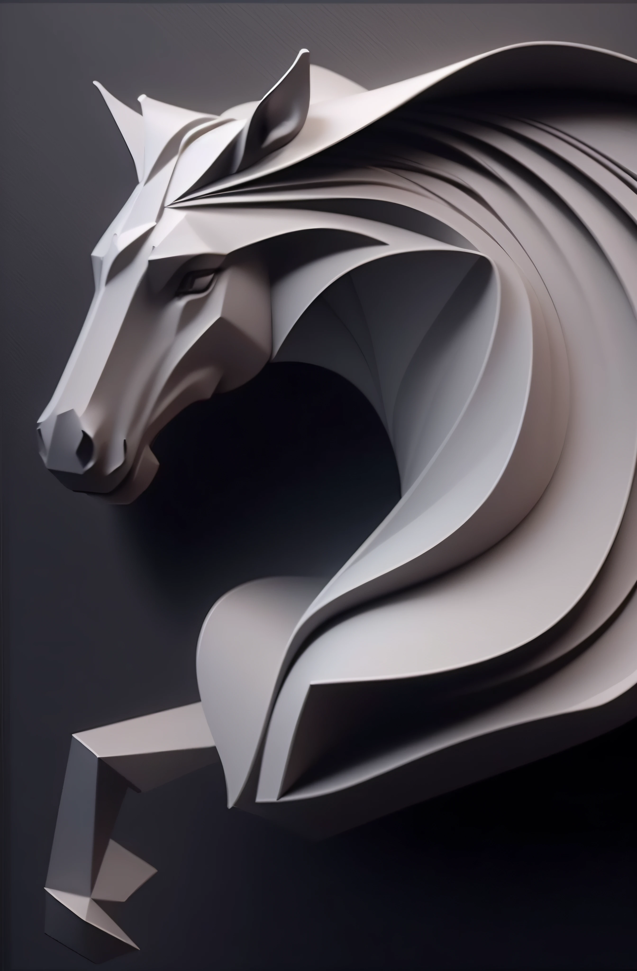 There is a horse's head made of paper on a black background, Detailed digital 3D art, abstract 3 d artwork, 3D digital art 4K, digital horse, 3D coloring art, 3d sculpture, 3d sculpture, paper modeling art, stylized 3 d graphics, 4K detailed digital art, 3d geometric abstract art, 3D digital art,The overall circulation is circular