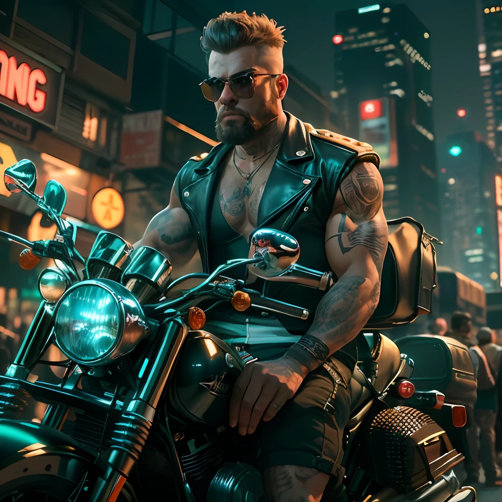 ((best quality)),((ultradetailed)), ((masterpiece)), illustration, Scene structure: Animal-personified captain as a gangster, with a captain face and human body. He has a muscular build and tattoos on his body. He rides a motorcycle in the city, with tall buildings behind him and neon lights flashing. Prompt composition: captain-gangster, animal-personification, motorcycle-riding, tattooed-body, muscular-build, city-scape, tall-buildings, neon-lightsSubstance 3D, Octane rendering,(hdr:1.3)