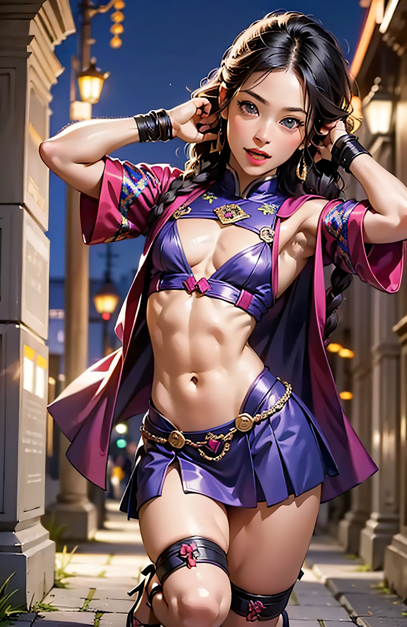 (masutepiece, Best quality, Ultra-detailed), (realistic CG),(a dark night), (Mysterious), (Stonehenge:1), Ruins,(fullmoon), moonlight,1girl in,((a dancing girl)), (japanaese girl),(showing nipple:1.2),(flasher), Arms up,(Braids),(Full body),(Small breasts:1.4), (Attractive thighs), (Abs), (colorful decorations),(Open mouth),blush, (Dynamic Angle:1.2), (Best Illumination:1.1),(Best Shadow:1.1), White Balance, (Very detailed face), (Detailed beautiful eyes)