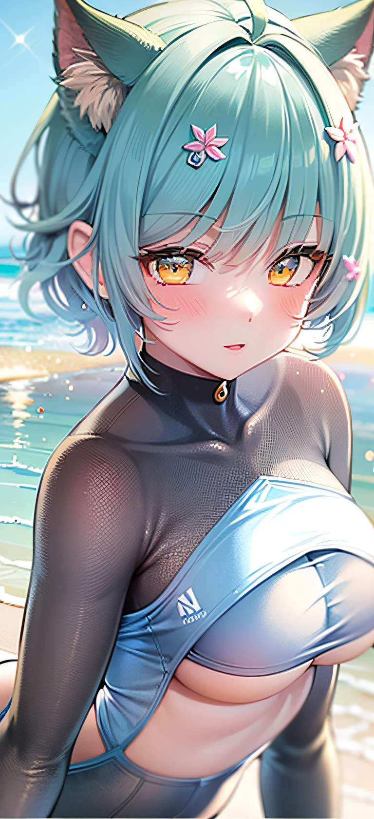 ((4k,masterpiece,best quality)),an extremely cute and beautiful girl with cat ears,beautiful light blue short hair,bangs pinned back,ahoge,colored inner hair,highly detailed beautiful face and yellow eyes,cute,blush,swim suit,beach,super fine illustration,shiney sun lighting,sky blue tone