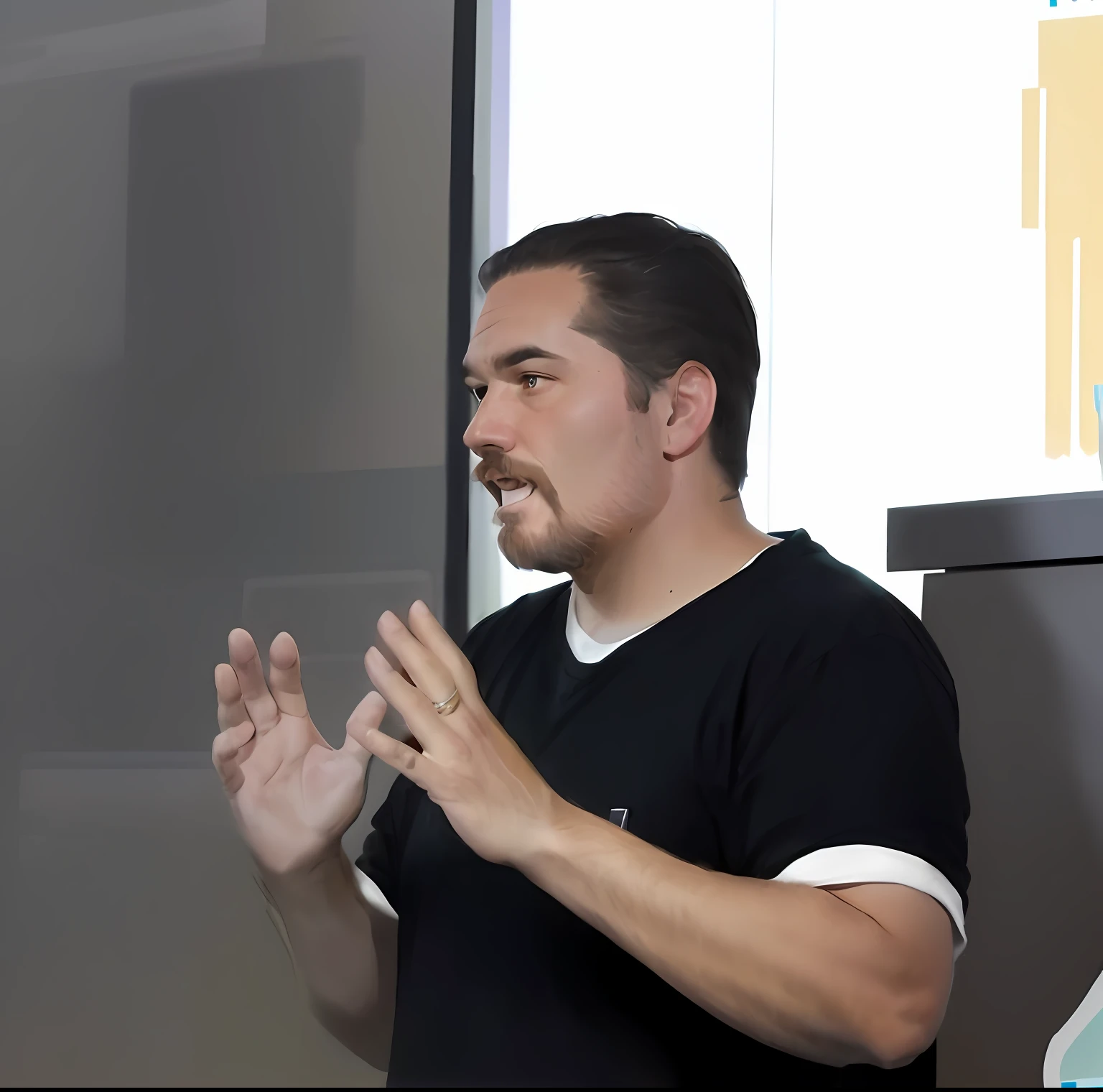 There's a bearded man standing in front of a screen giving a presentation