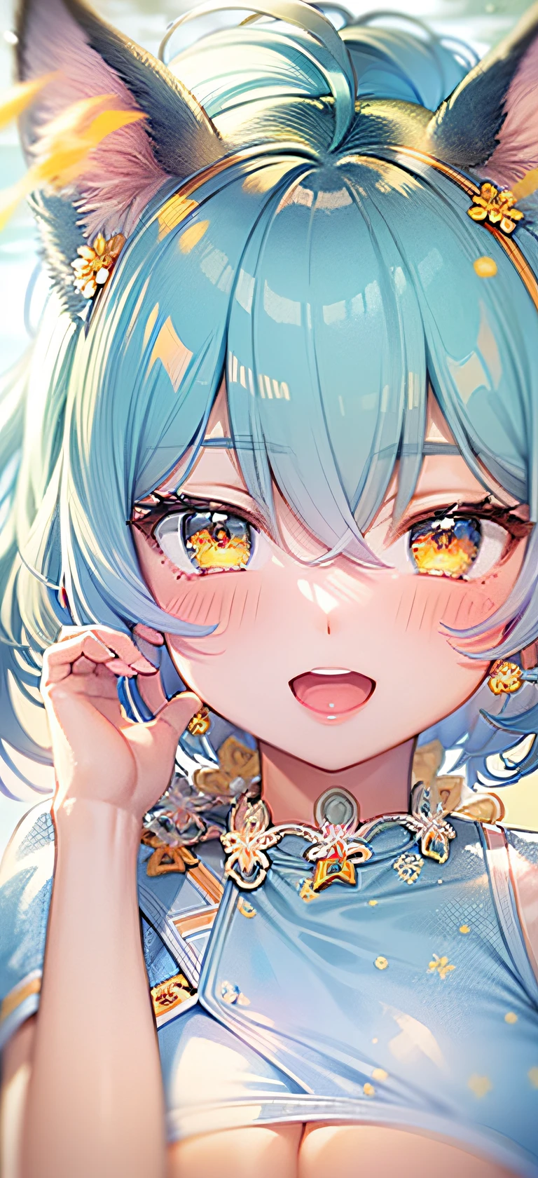 ((4k,masterpiece,best quality)),an extremely cute and beautiful girl with cat ears,beautiful light blue short hair,bangs pinned back,ahoge,colored inner hair,highly detailed beautiful face and yellow eyes,cute,blush,swim suit,beach,super fine illustration,shiney sun lighting,sky blue tone