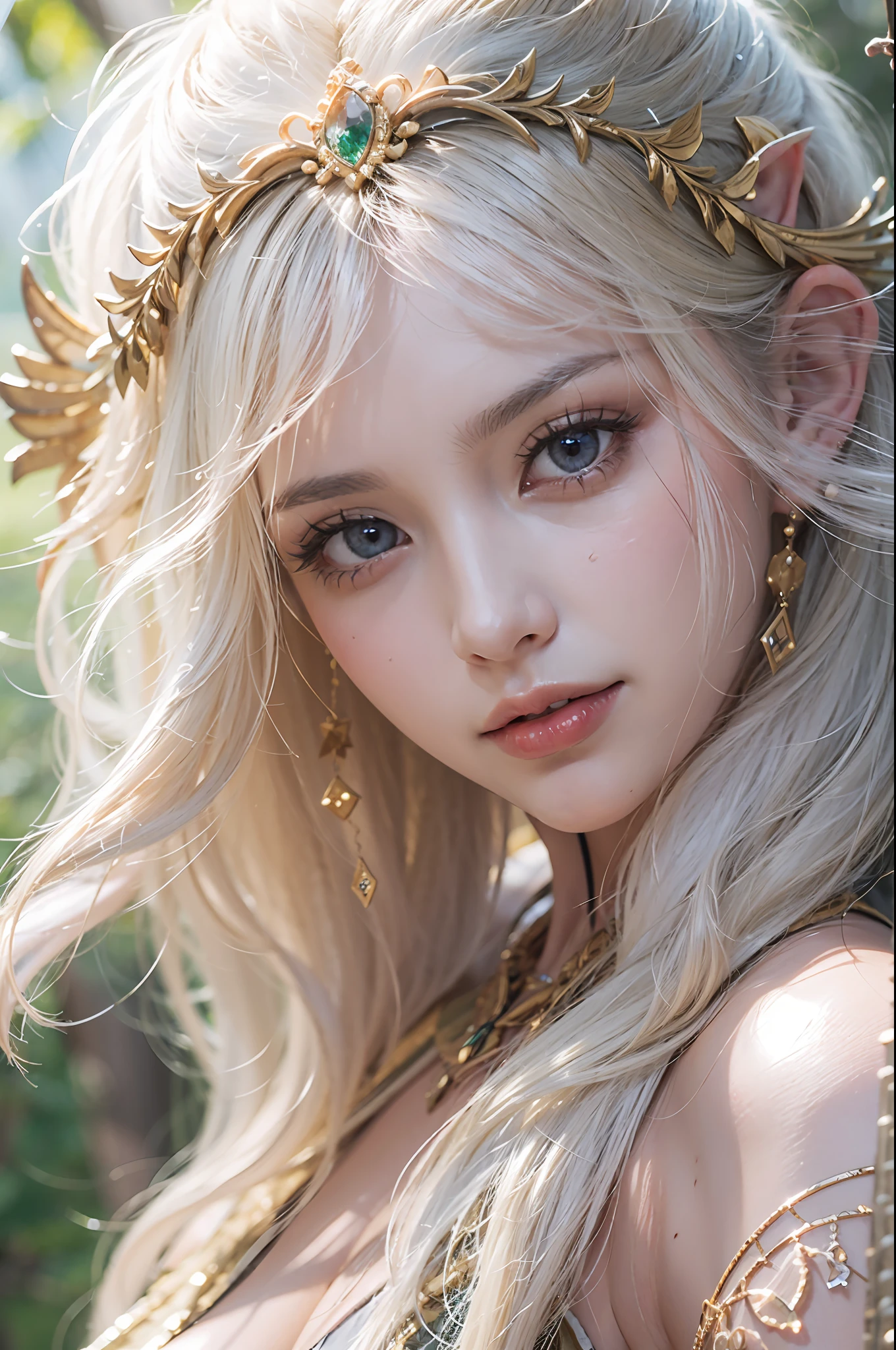 Elf Princess，ln the forest，Platinum hair accessories，(Photorealistic:1.4), (Masterpiece, side-lighting, fine detailed beautiful eyes: 1.2), Masterpiece*Portrait, Realistic, The face is delicate, Glowing eyes, Shiny hair, Shiny real skin, Solo, embarressed, (midriff),（super-fine），Detailed pubic hair，Accurate，（Works of masters），（best qualtiy），8K分辨率，A half body，dynamic viewing angle，