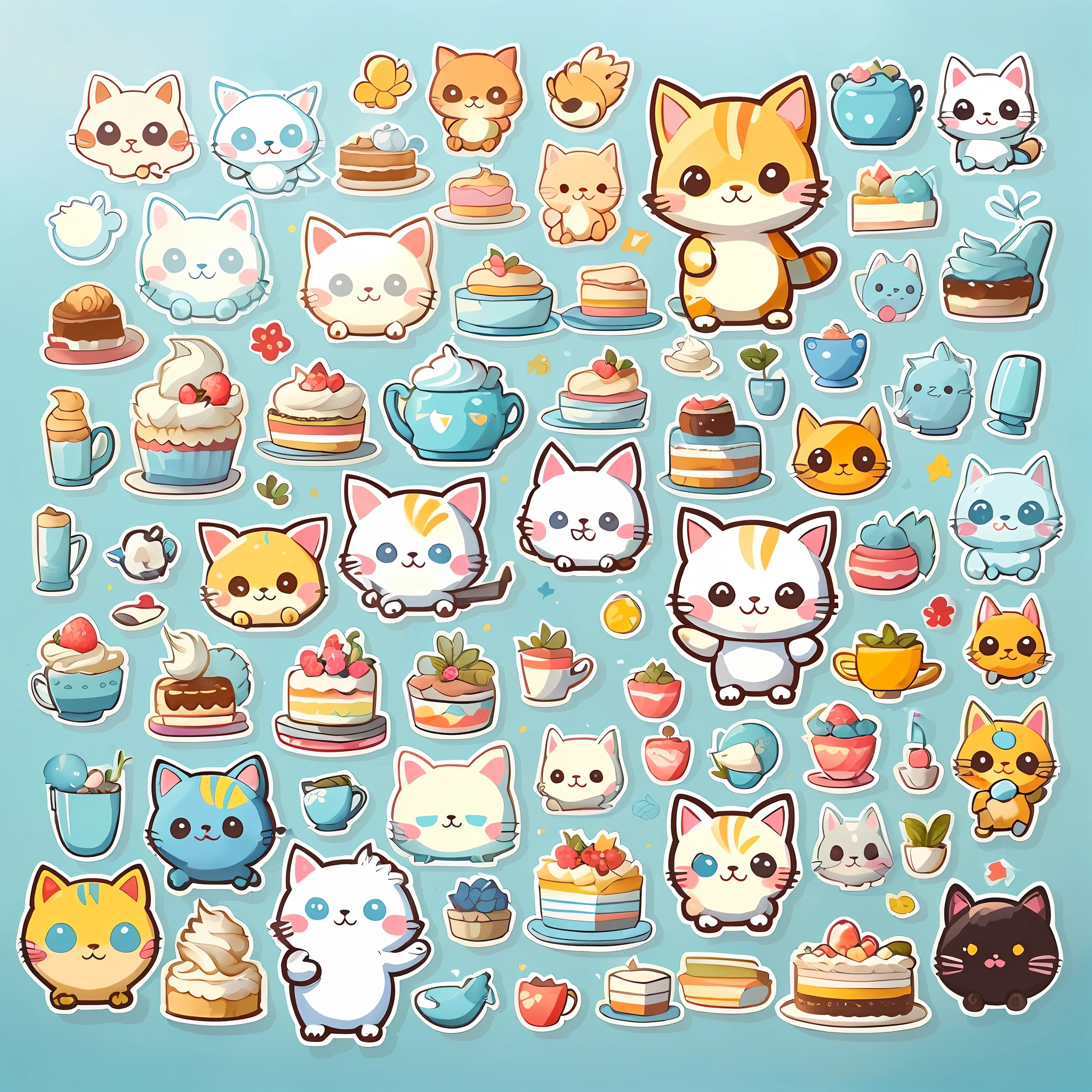 A close-up of a bunch of stickers with rabbits and cakes, a sticker, stickers illustrations, unused sticker sheet, Cute detailed digital art, stickers illustrations, kawaii cutest sticker ever, adorable digital art, Stickers, etsy stickers, Bunny party, telegraph stickers design, Cute characters, cute artwork, cute detailed artwork, Moe girl, telegraph stickers, blossoms, full art illustration，a plant