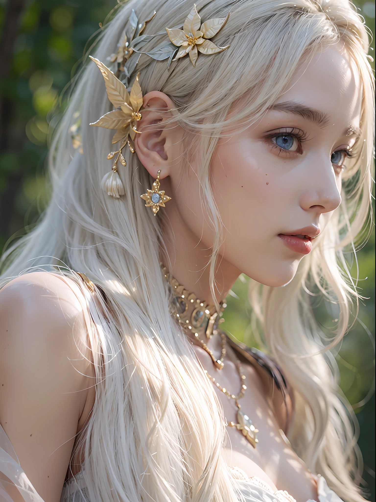 Elf Princess，ln the forest，Platinum hair accessories，(Photorealistic:1.4), (Masterpiece, side-lighting, fine detailed beautiful eyes: 1.2), Masterpiece*Portrait, Realistic, The face is delicate, Glowing eyes, Shiny hair, Shiny real skin, Solo, embarressed, (midriff),（super-fine），Detailed pubic hair，Accurate，（Works of masters），（best qualtiy），8K分辨率，A half body，dynamic viewing angle，