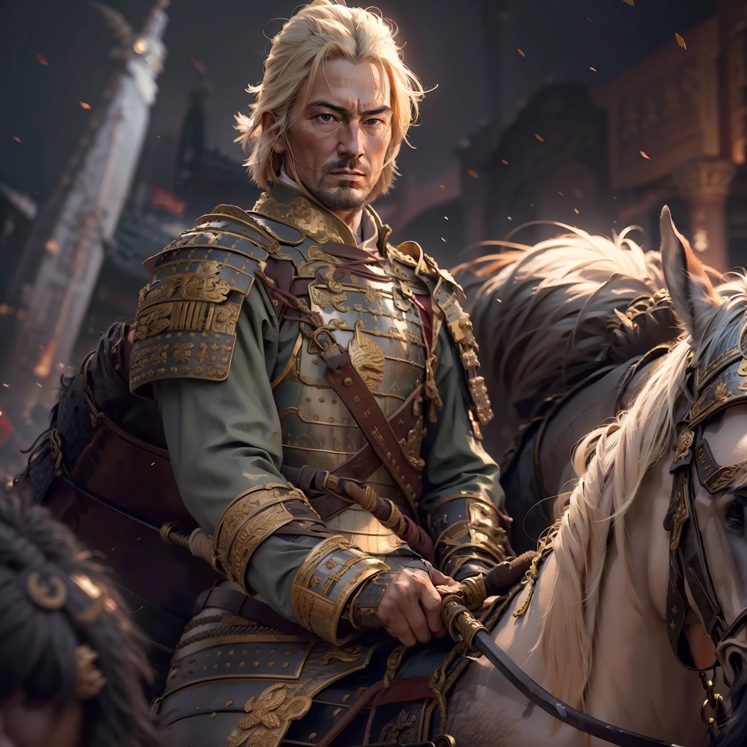 General, mature man, delicate face, blond hair, Commander's uniform, medals, shoulder bridge, weapons: curved sword, horseback riding, sharp image, best quality, 8k, art, cinematic lighting