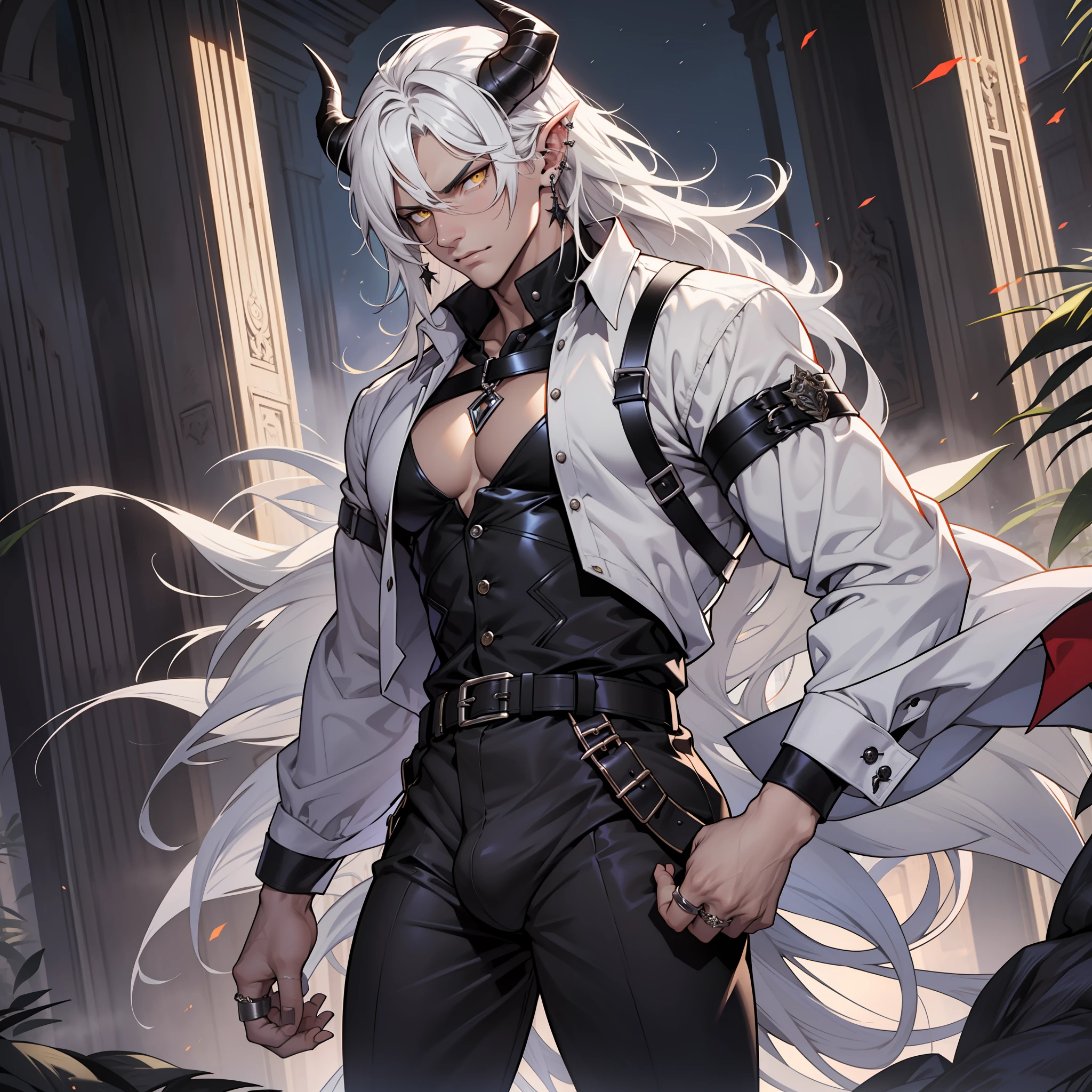 Handsome male, white hair, long hair, yellow eyes, horns, ear piercings, detailed body, detailed hands, grey button shirt, wearing chest harness, black pants, black boots, night fall, standing in palace, arrogant look, good looking, ring on finger, black wings, big bulge in pants, plants, 4 arms, four arms