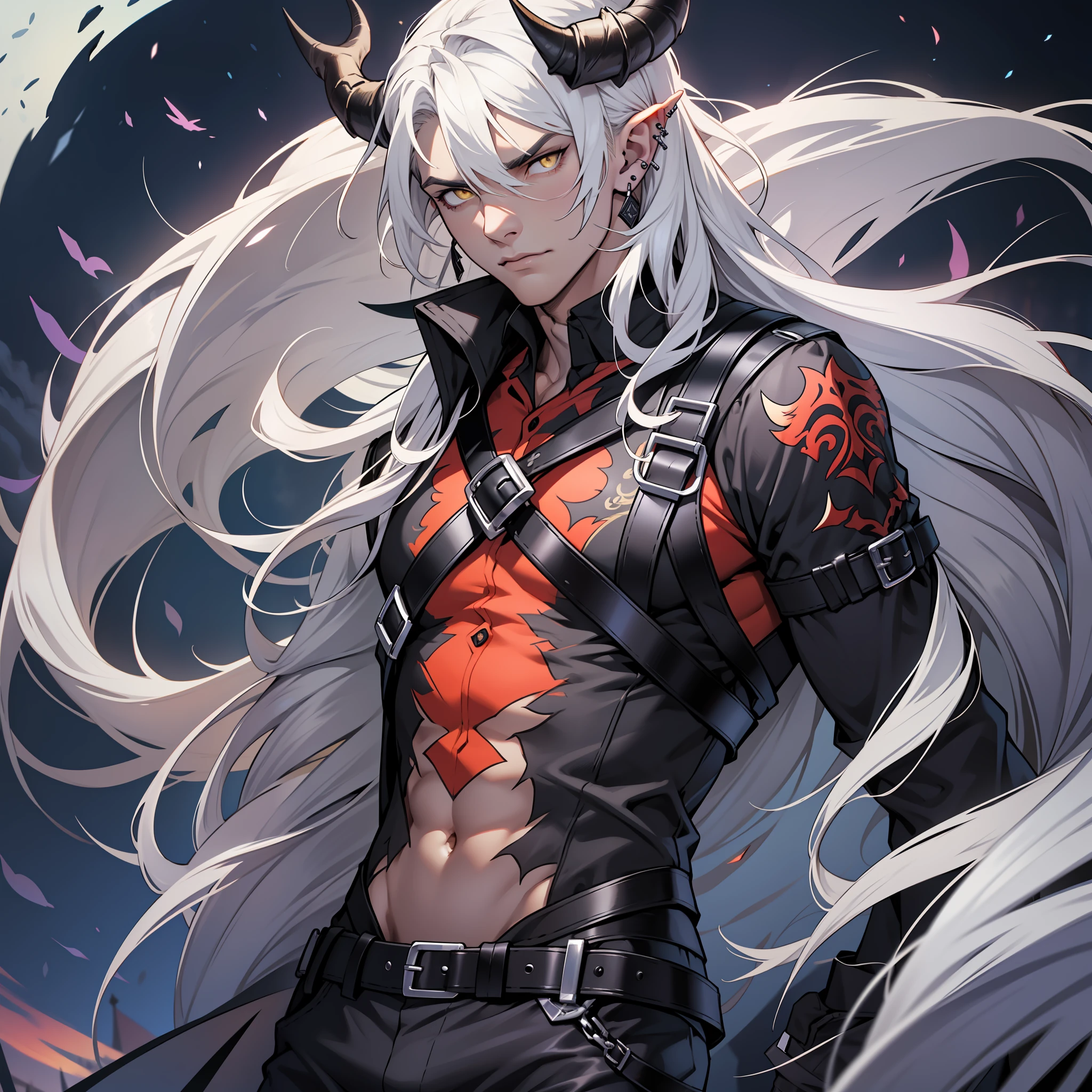 Handsome male, white hair, long hair, yellow eyes, horns, ear piercings, detailed body, detailed hands, grey button shirt, wearing chest harness, black pants, black boots, night fall, standing in palace, arrogant look, good looking, ring on finger, black wings, big bulge in pants, plants, 4 arms, four arms