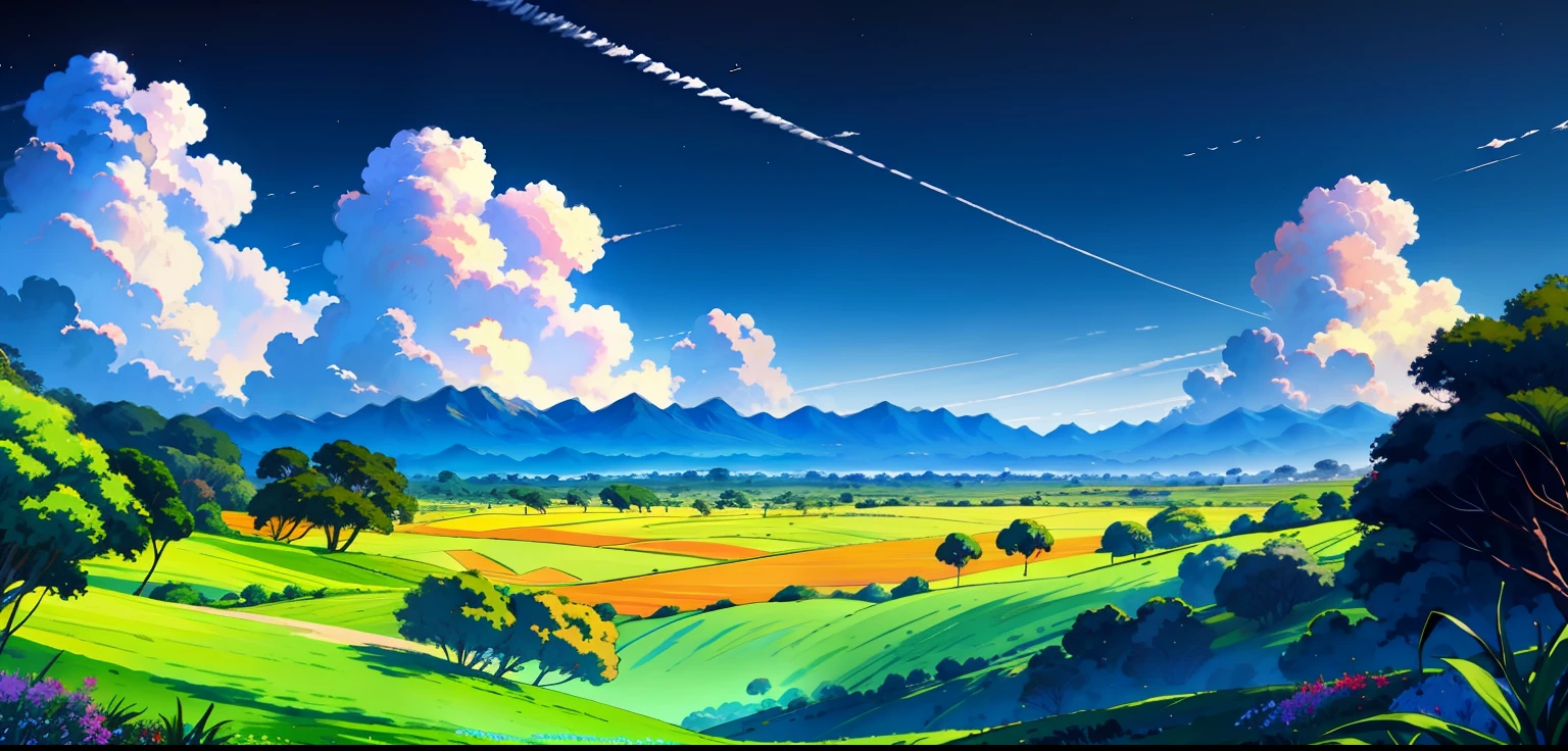 hd masterpiece, ((vast sky)), landscape, tropic trees, blue clouds, bright sky
