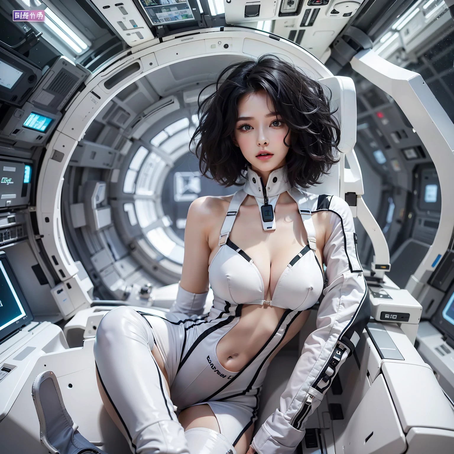 She is sitting in a futuristic armchair reading a tablet、She is pensive((Very cute woman gets sexy futuristic white thin spacesuit))。black very curly spiral short black hair,、40k、a picture、masterpiece、top-quality、fundo cinza escuro、(Girl with green eyes and gorgeous bright black hair、Beautiful perfect face、))。a beautiful Caucasian woman with big ass full soft breasts and white skin。long legged((perfect chest:1.4))、((Very soft breasts))、hyperdetailed face、A detailed eye。in space station