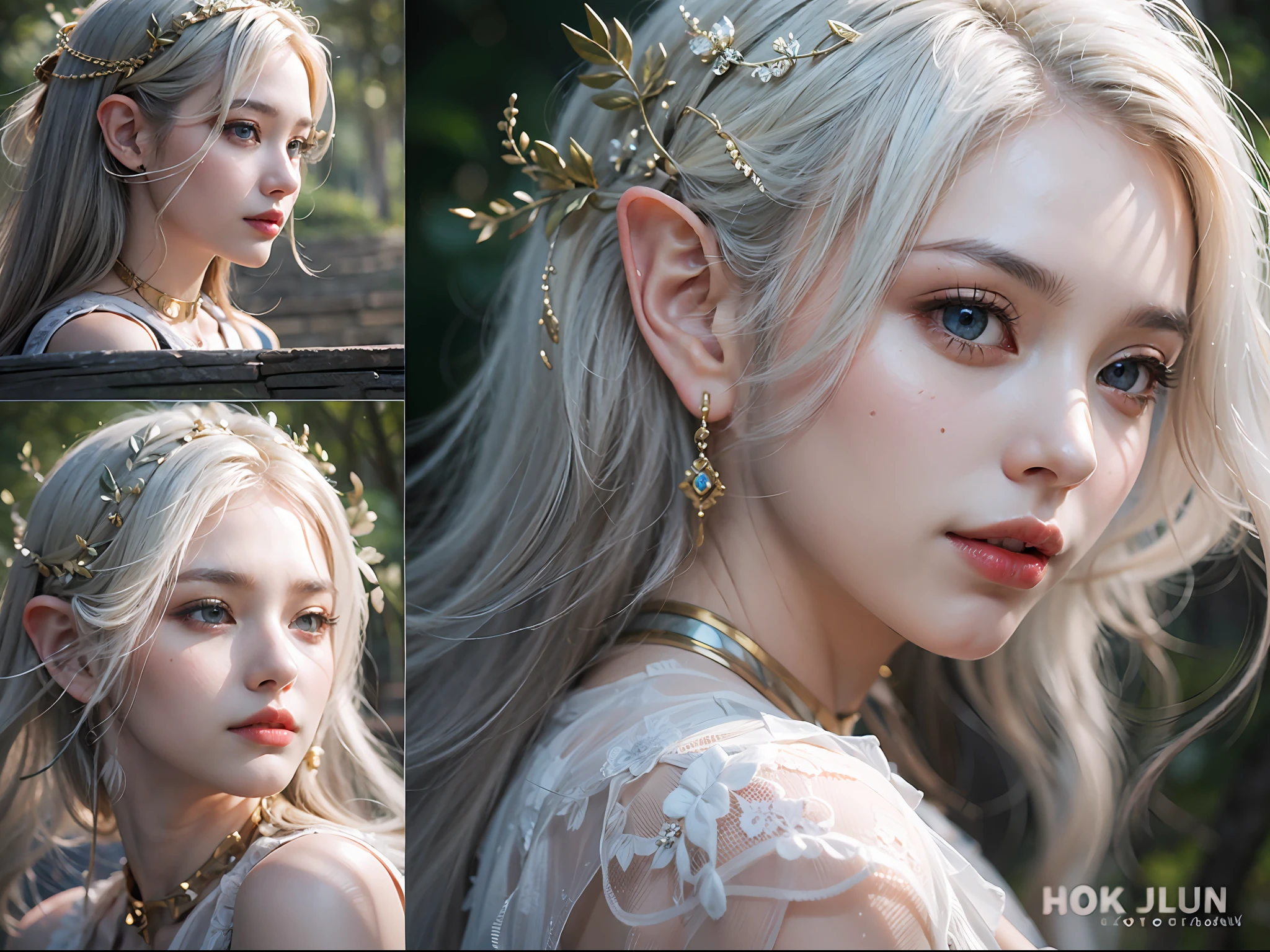 Elf Princess，ln the forest，Platinum hair accessories，(Photorealistic:1.4), (Masterpiece, side-lighting, fine detailed beautiful eyes: 1.2), Masterpiece*Portrait, Realistic, The face is delicate, Glowing eyes, Shiny hair, Shiny real skin, Solo, embarressed, (midriff),（super-fine），Detailed pubic hair，Accurate，（Works of masters），（best qualtiy），8K分辨率，A half body，dynamic viewing angle，