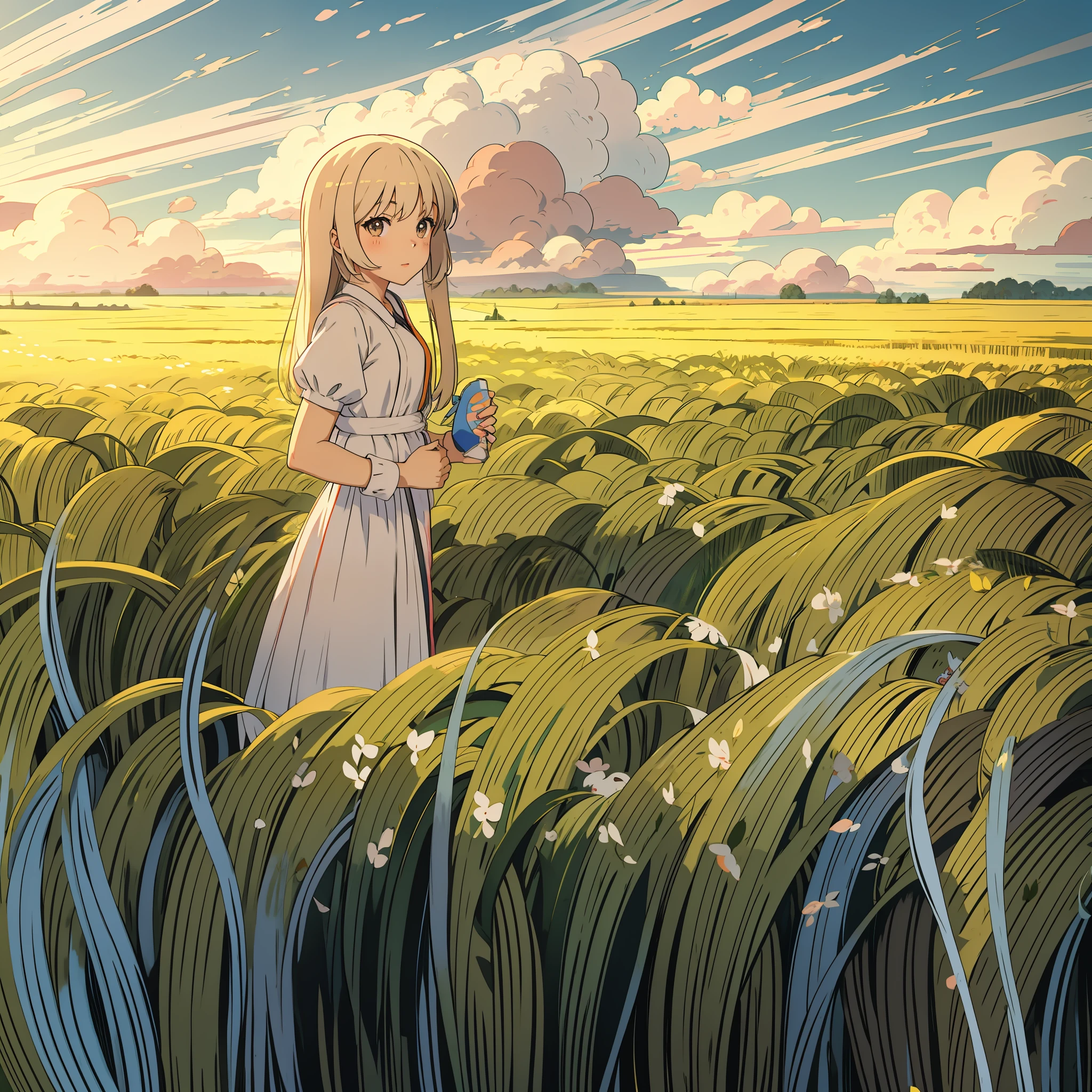 anime girl in a field of grass, standing in a field, in a field, in a wheat field