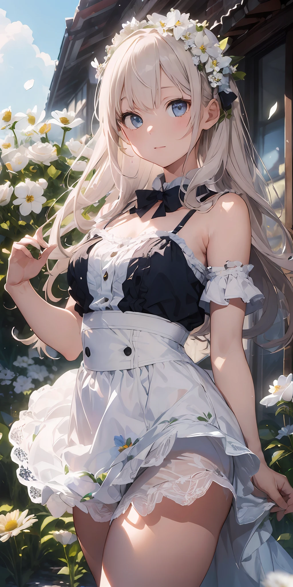 (masterpiece, best quality:1.6), white lace dress, cowboy shot, thighs, beautiful girl, (flowers, many small white petals:1.3), garden, blue sky, looking at viewer, small waist, official art, raw photo, incredibly absurdres, facelight, dynamic lighting, cinematic lighting, ultra realistic, highres, photography, sharp focus, highest detailed, extreme detailed, ultra detailed, finely detail, extremely detailed eyes and face
